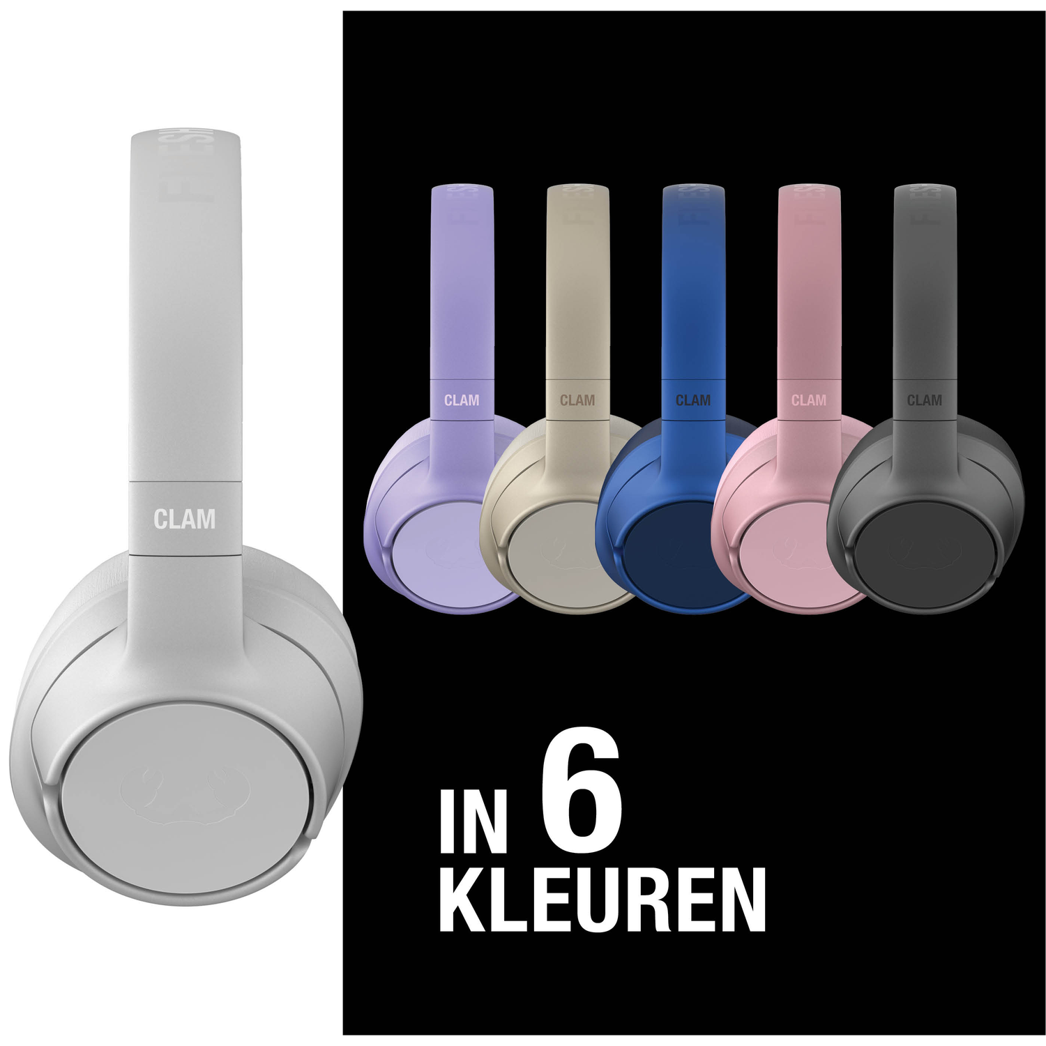 Image shows headphones in six colors: white, purple, beige, blue, pink, and gray. Text says 'IN 6 KLEUREN'.