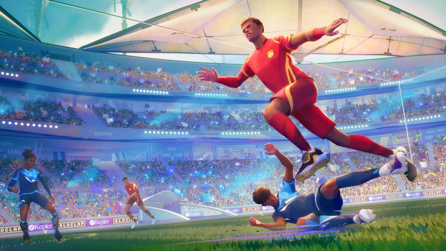 Ein Rugbyspiel in einem Stadion. Ein Spieler in Rot springt über einen Spieler in Blau. Das Stadion ist voll.