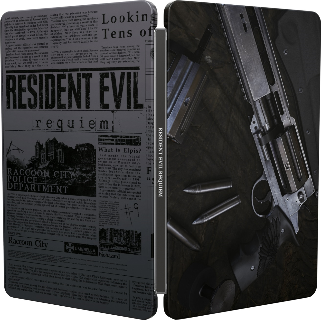 Nahaufnahme einer Waffe und eines Magazins mit Resident Evil-Motiv und Text.