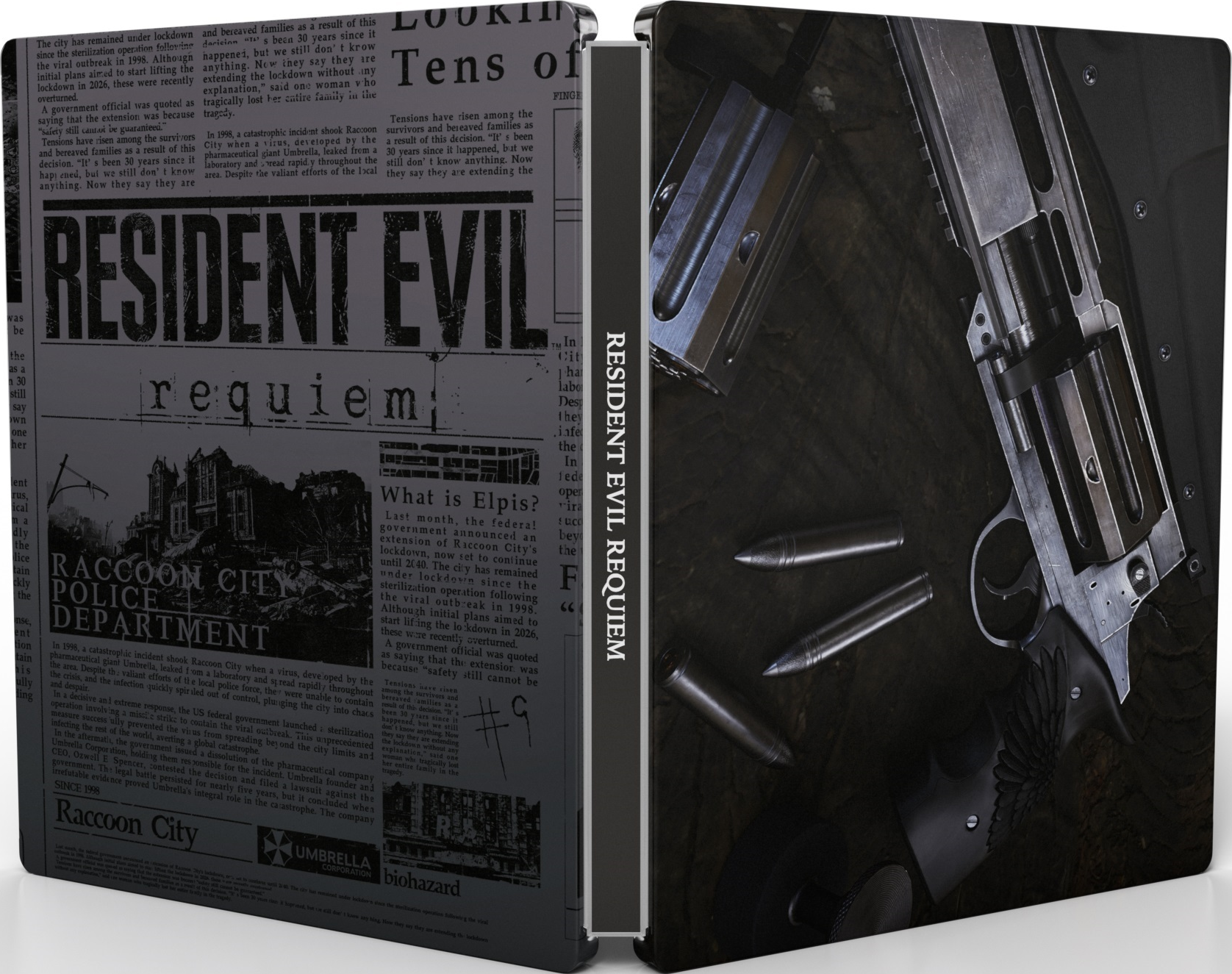 Eine Resident Evil-Spielbox mit Revolver und Patronen auf Zeitungs-Hintergrund.