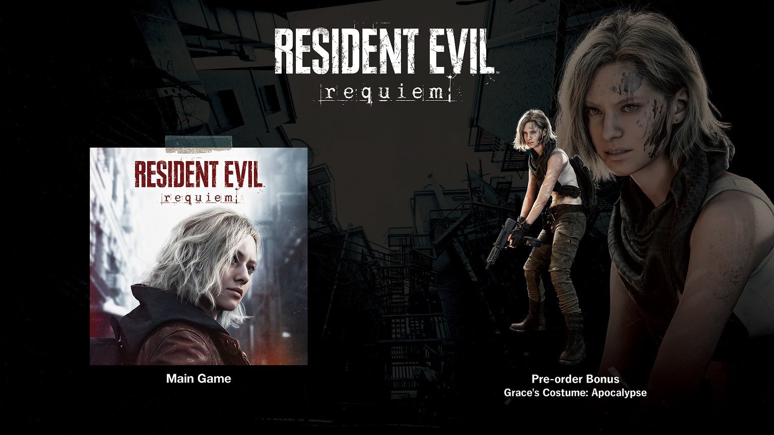 Das Resident Evil Requiem-Spielcover zeigt eine Frau mit blonden Haaren. Der Titel des Spiels steht oben. Der Vorbestellbonus zeigt dieselbe Frau.