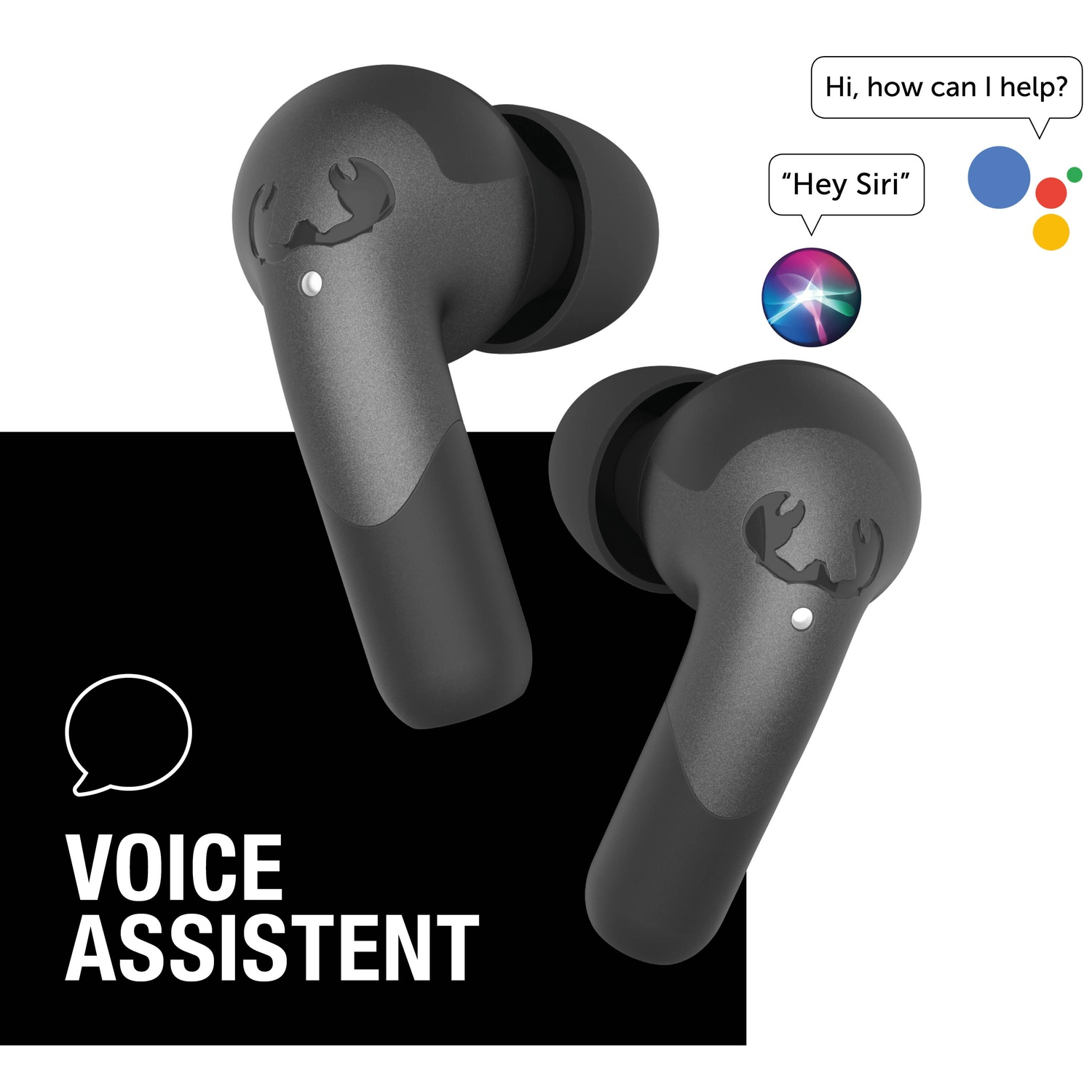 Twee zwarte draadloze oortelefoons. Tekst: Voice Assistant. Spraakballon prompts. Siri-logo en Google Assistant-stippen.