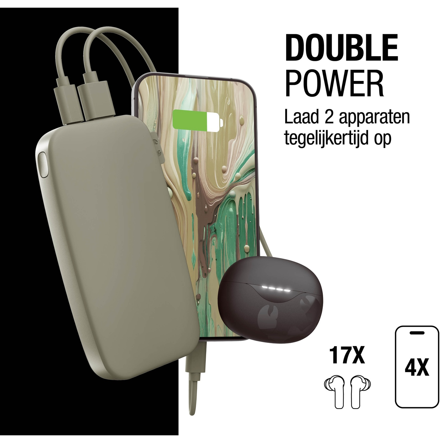 Image shows a power bank, phone, and earbuds. Text reads 'Double Power' and 'Charge 2 devices simultaneously'.