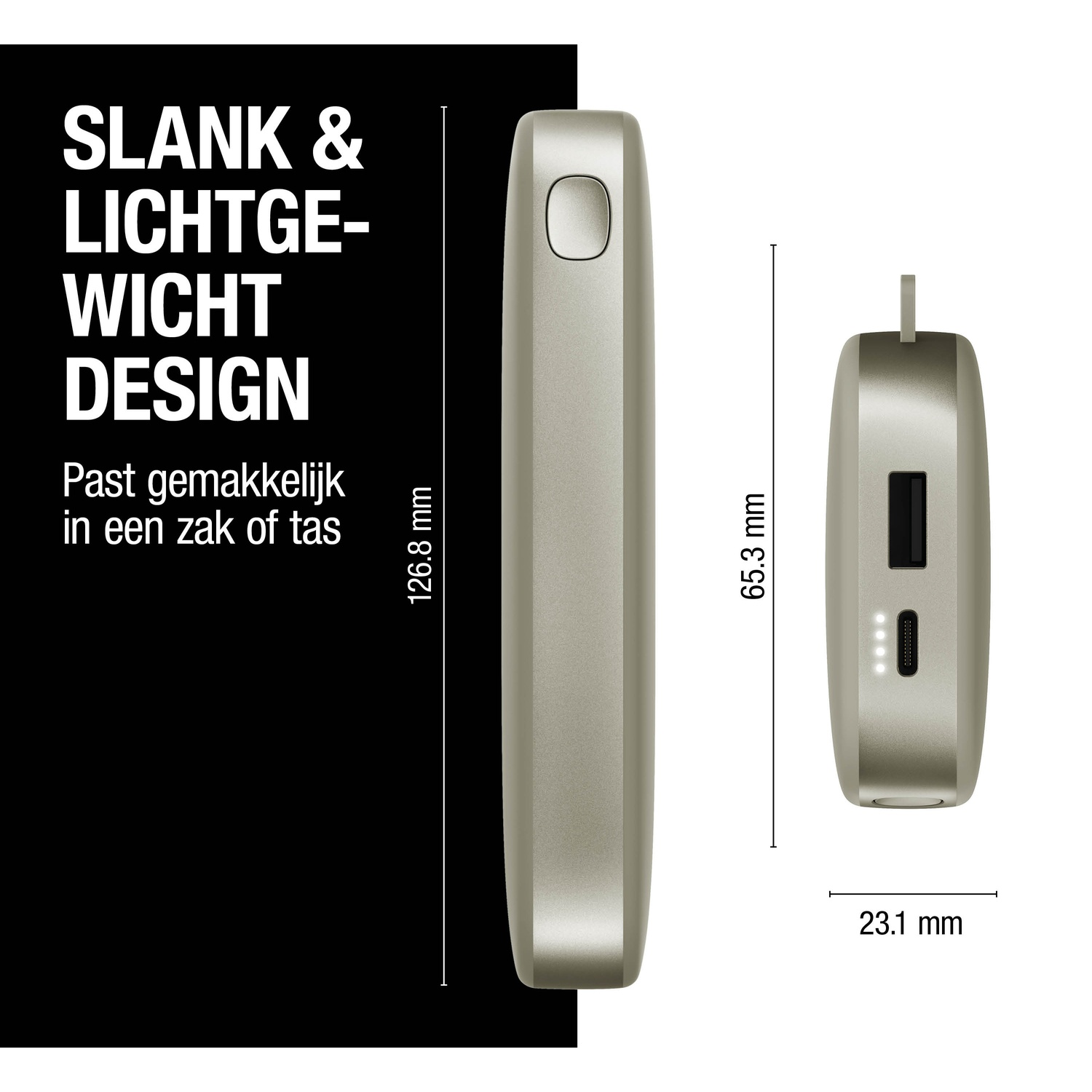 Image shows a slim, light design. The product is beige, with dimensions labeled. Text indicates it fits easily in a pocket or bag.