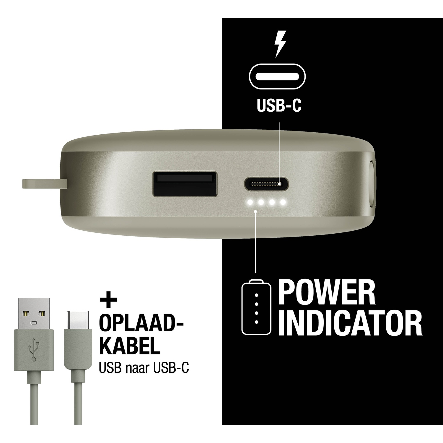 A power bank with USB and USB-C ports, a power indicator, and two charging cables. Text shows 'USB naar USB-C'.