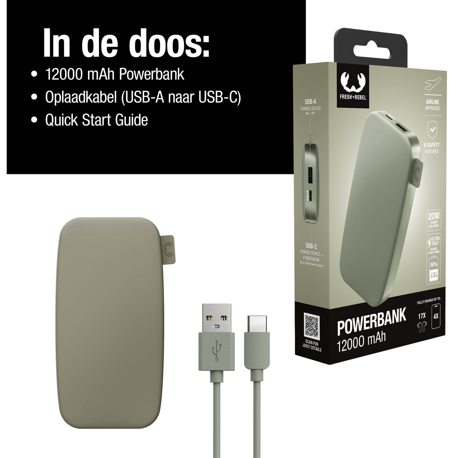 Image shows a power bank, cable, and packaging. The power bank is olive green. The packaging lists features and specs.