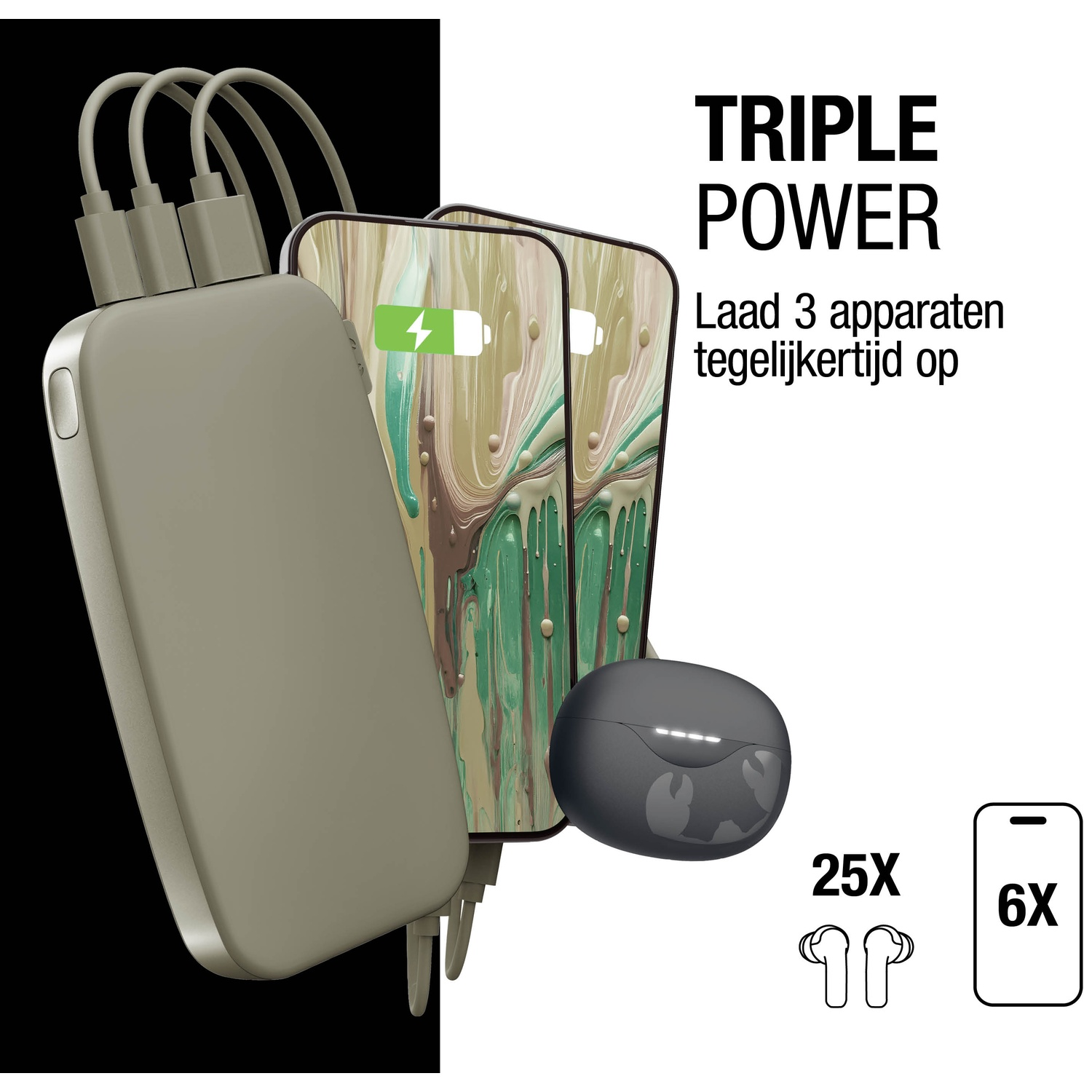 L'image montre une batterie externe chargeant deux téléphones et des écouteurs. Le texte indique 'TRIPLE POWER'. Les icônes de téléphone affichent 6x et 25x.