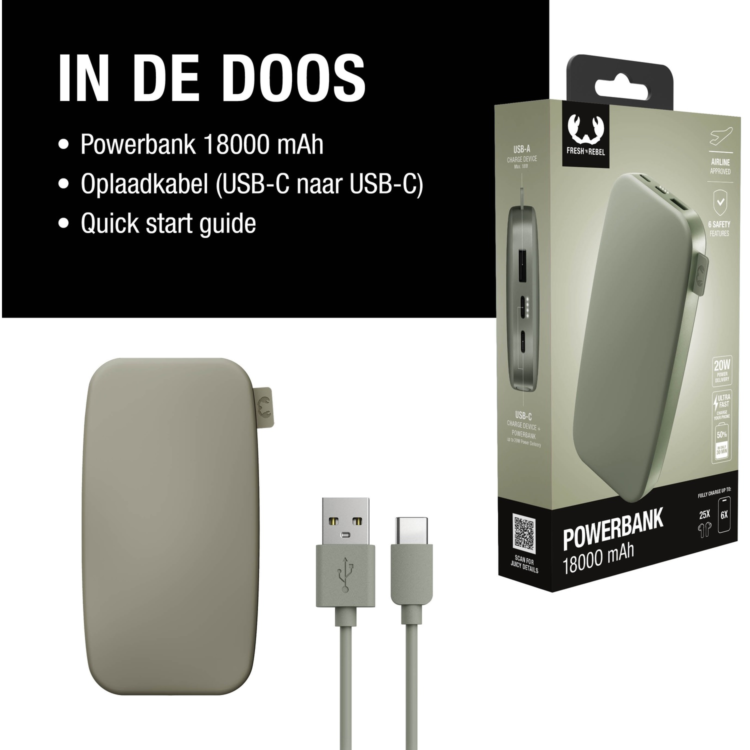 L'image montre une batterie externe, un câble et l'emballage. Détails : batterie externe 18000 mAh, câble USB-C et guide de démarrage.