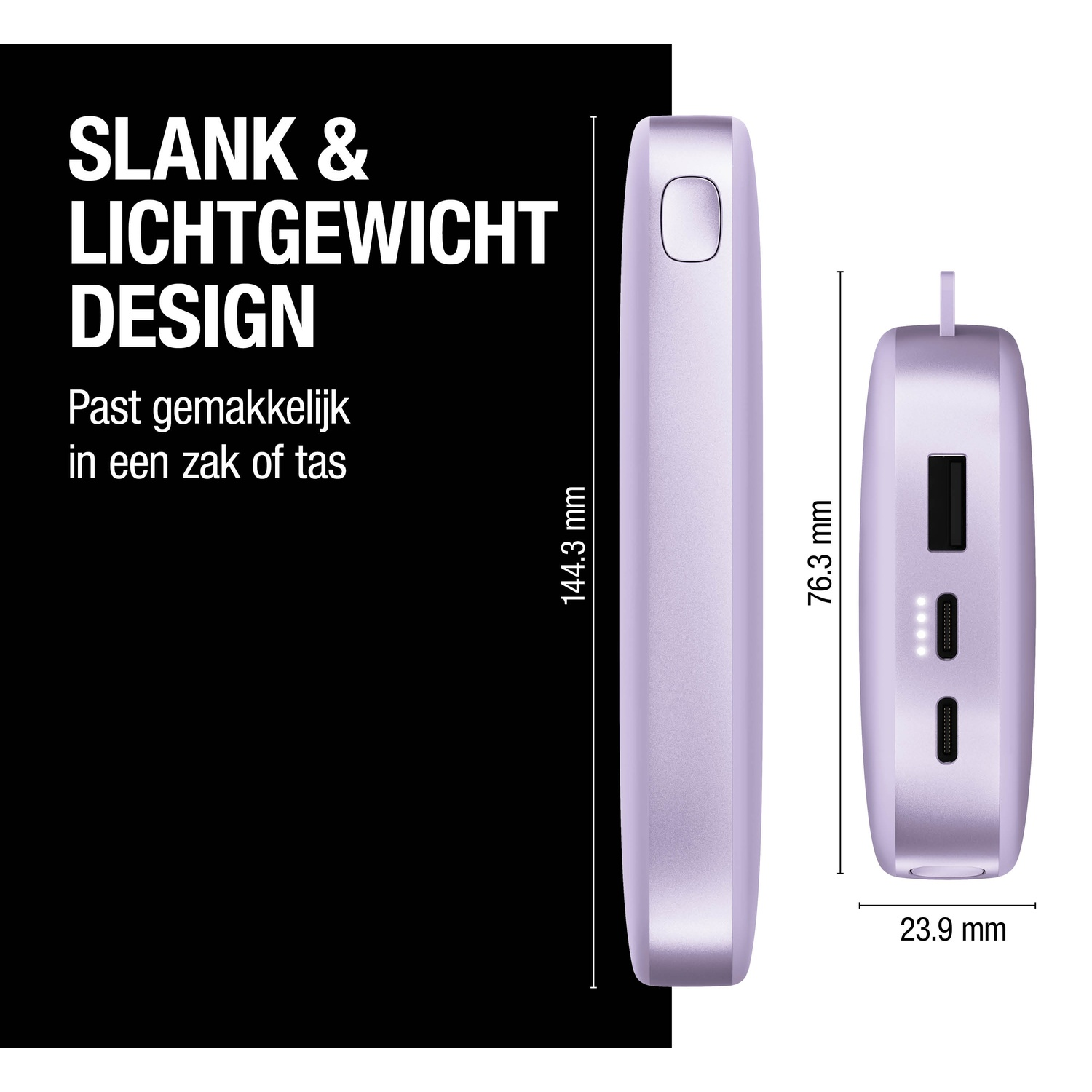Un appareil violet clair est montré à côté du texte. L'appareil a des dimensions marquées. Le texte dit : SLANK & LICHTGEWICHT DESIGN. Tient dans une poche.