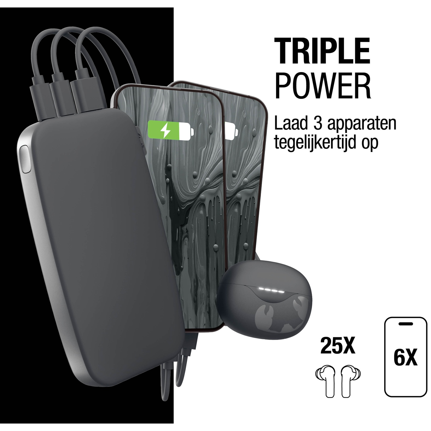 Image shows a power bank charging phones and earbuds. Text reads 'Triple Power'. Phones show charging. Earbuds and phone icons are shown.