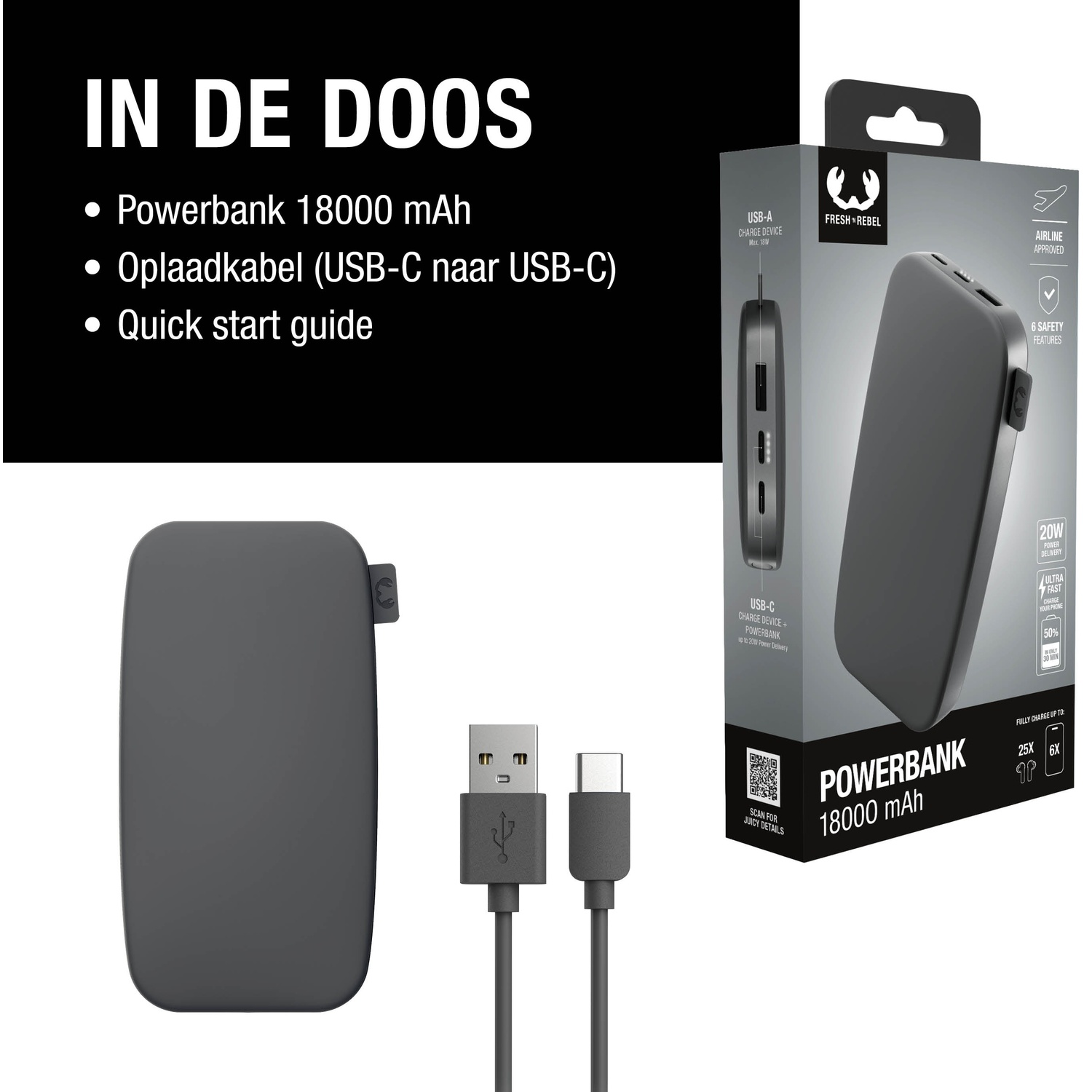 Image shows a power bank, cable, and packaging with text like 'Powerbank 18000 mAh' and 'Quick start guide'.