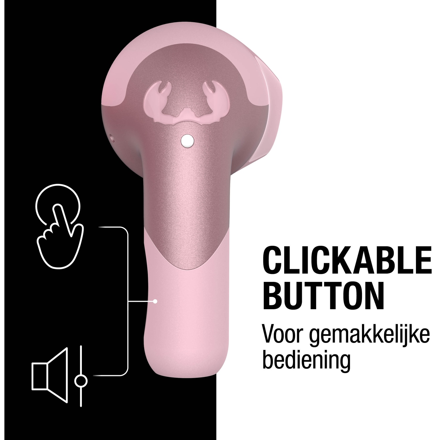 Écouteur rose avec bouton cliquable. Texte : Clickable Button, Voor gemakkelijke bediening (Pour une utilisation facile).