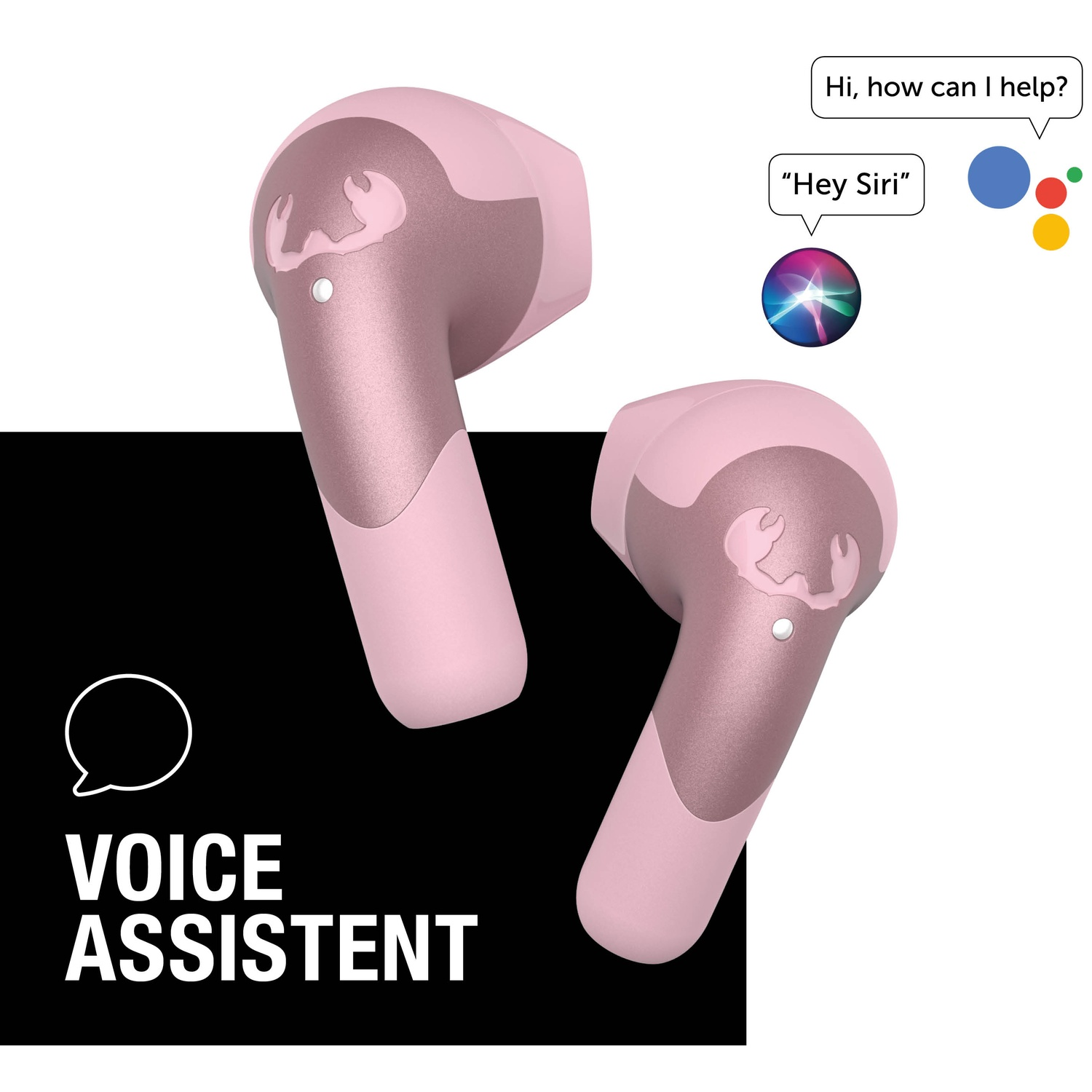 Écouteurs sans fil roses et gris. Bulle de dialogue dit 'Bonjour, comment puis-je vous aider ?' et 'Hey Siri'. Texte d'assistant vocal présent.