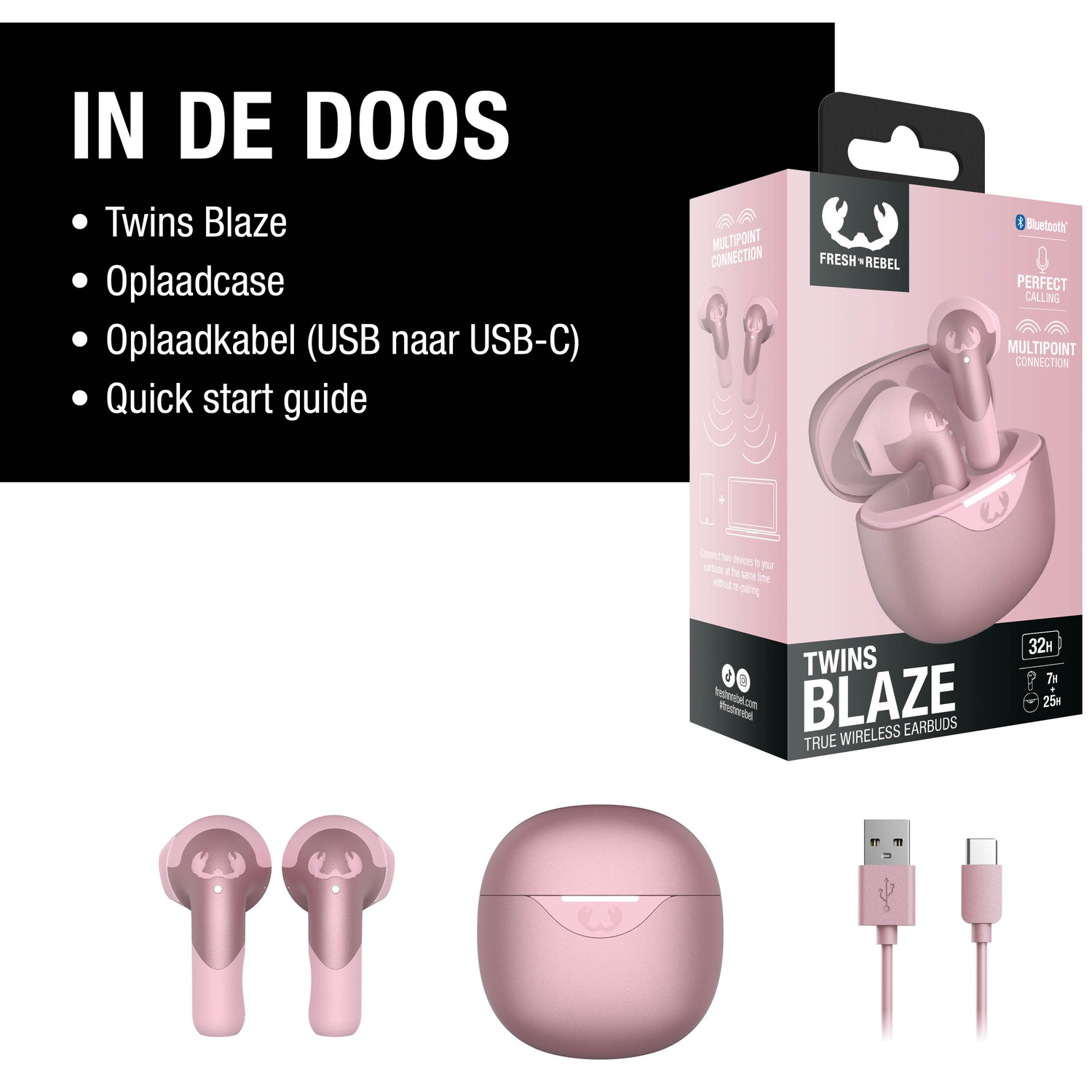 Des écouteurs roses Twins Blaze, un étui de chargement et un câble USB-C sont affichés. La boîte montre le produit et ses caractéristiques : Bluetooth, appel parfait.