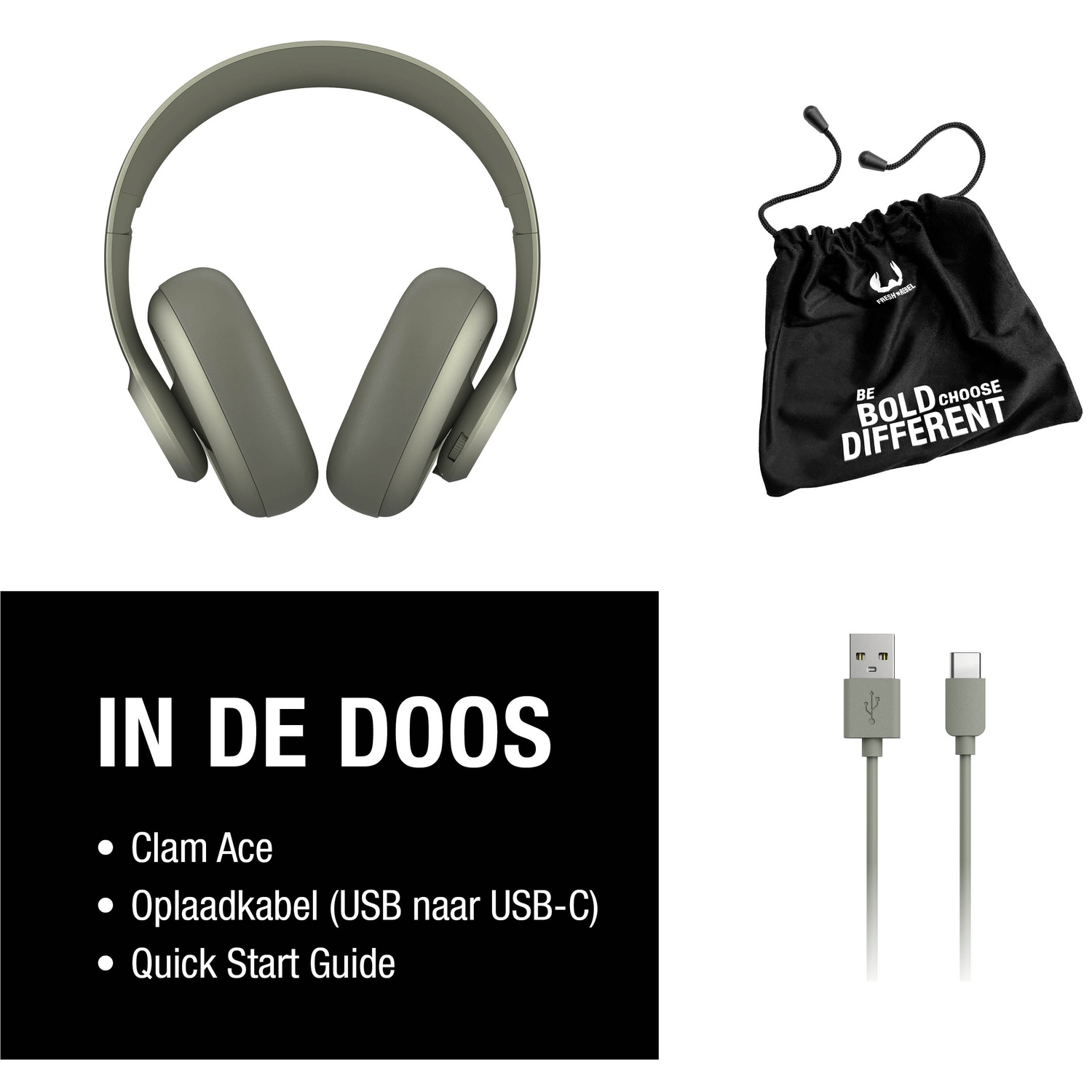 L'image montre un casque, un sac de transport, un câble USB et du texte qui dit 'IN DE DOOS'. Les articles sont sur fond blanc.