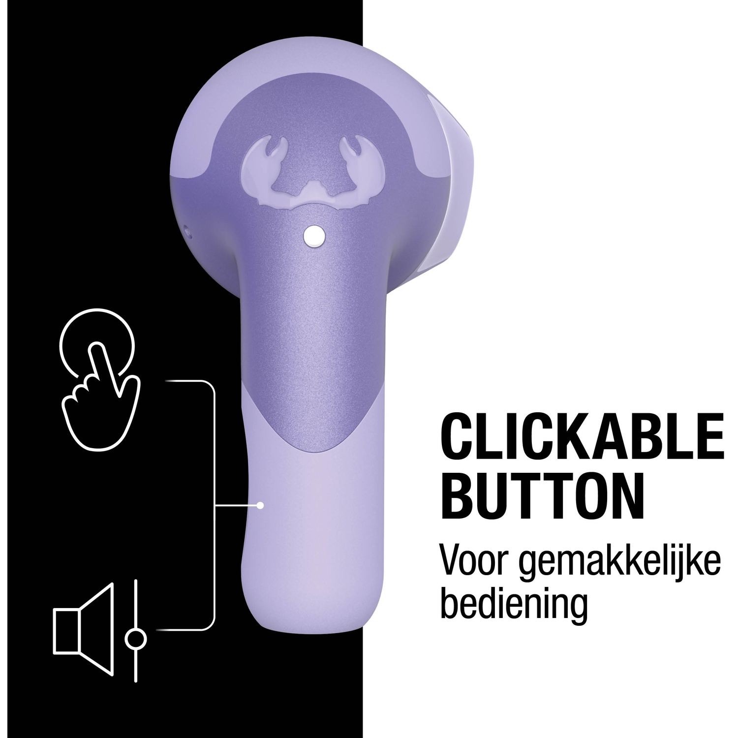 Un appareil violet avec un design en forme de crabe, étiqueté 'Clickable Button' pour une utilisation facile, avec des icônes connectées.