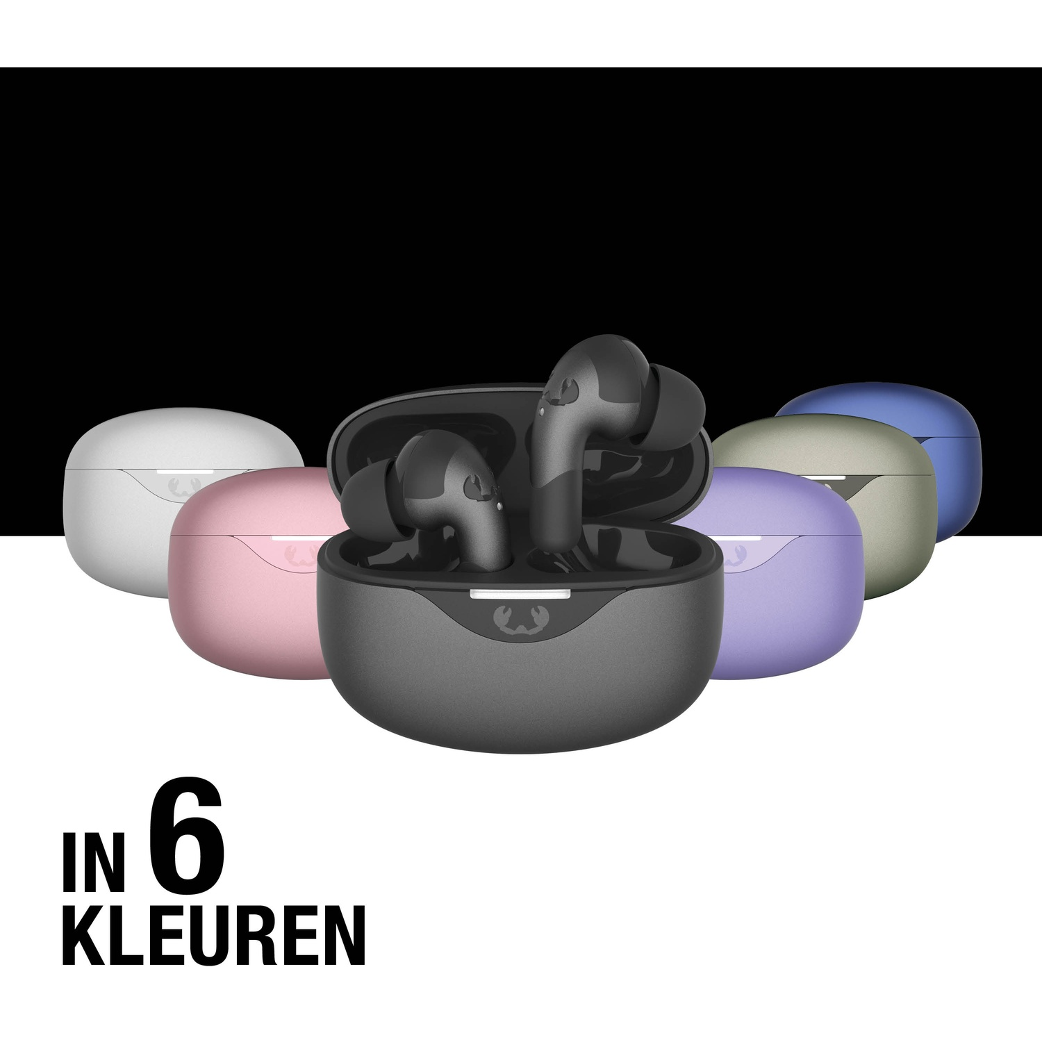 Afbeelding toont oortelefoons in een hoesje, met verschillende kleuropties. Tekst zegt 'IN 6 KLEUREN'.