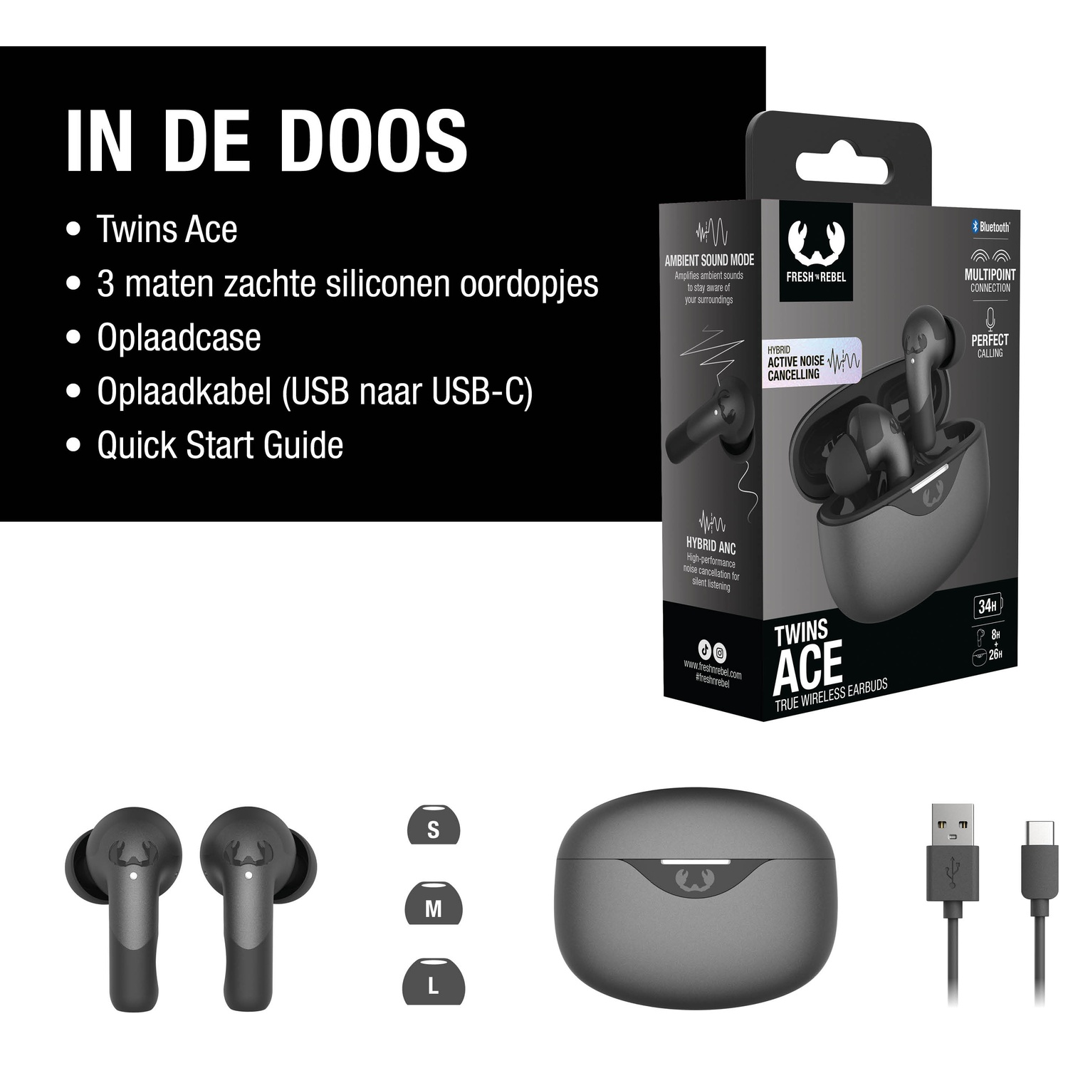 De afbeelding toont Twins Ace oordopjes, accessoires en verpakking. Inclusief oordopjes, oplaadcase, USB-kabel en diverse siliconen oortips.