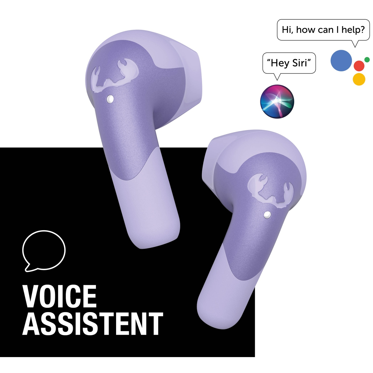Deux écouteurs sans fil violets. Texte : Assistant vocal. Bulles de dialogue : 'Bonjour, comment puis-je vous aider ?' et 'Hey Siri'. Logo Siri.