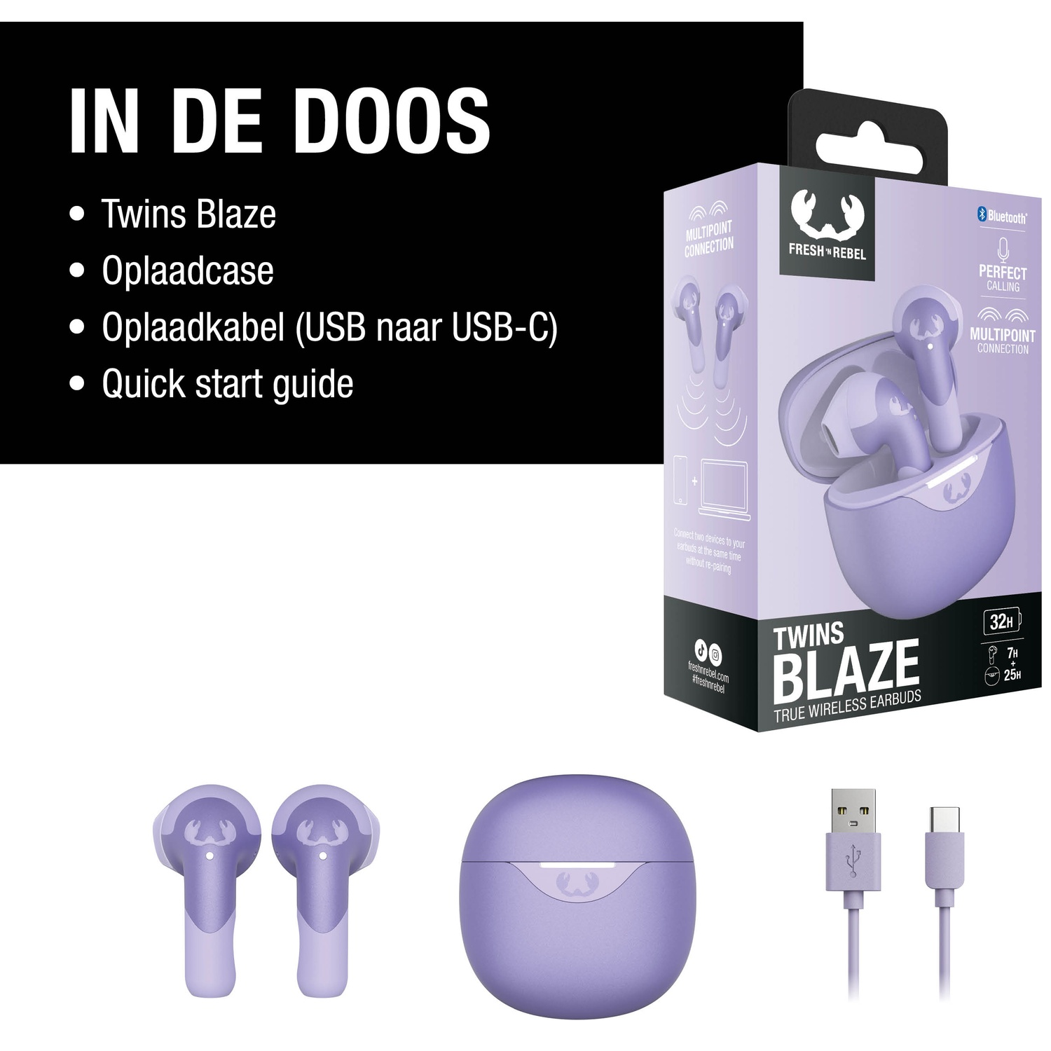 L'image montre des écouteurs sans fil violets, un étui de chargement et un câble USB-C. Le texte sur la boîte indique 'Twins Blaze' et 'Fresh 'N Rebel'.