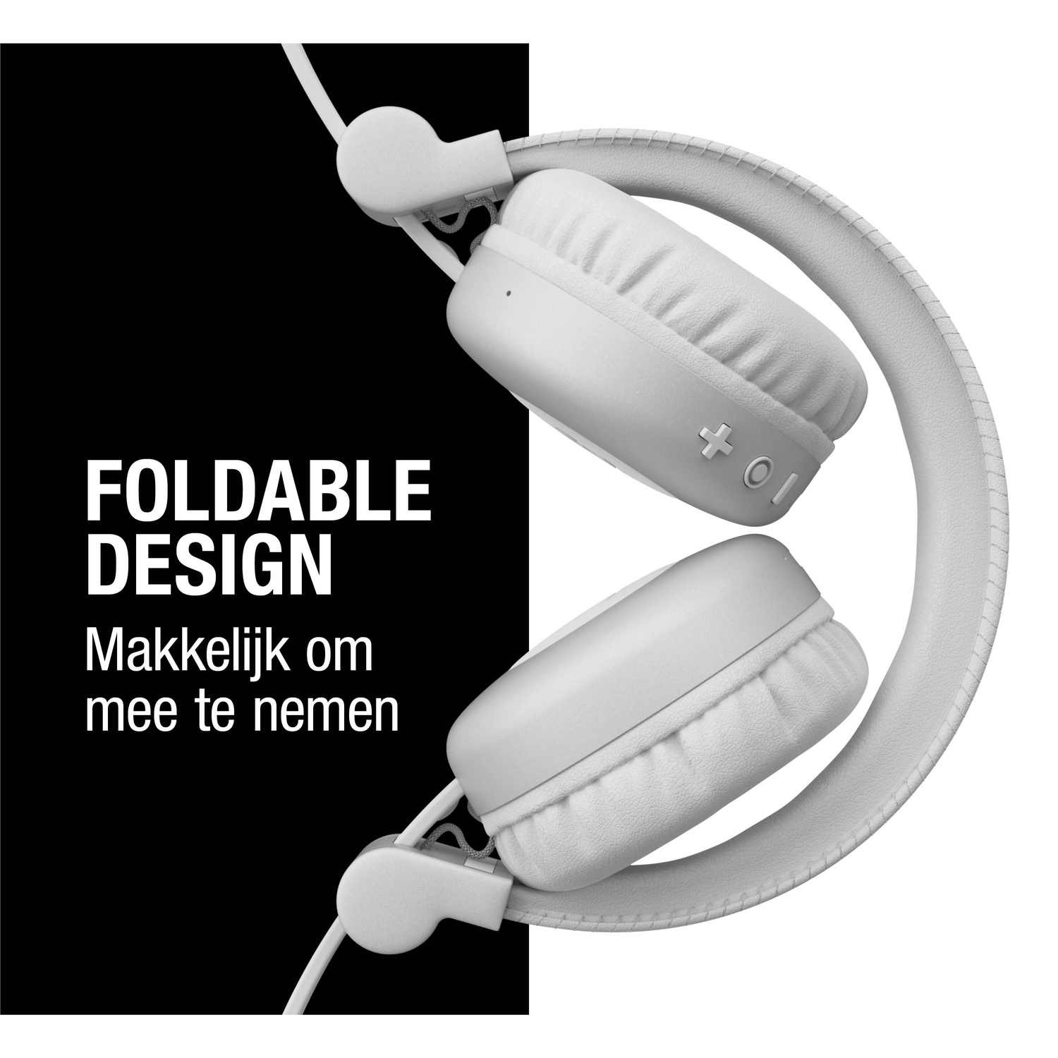 Witte opvouwbare koptelefoon met de tekst 'FOLDABLE DESIGN' en 'Makkelijk om mee te nemen' op een zwart-witte achtergrond.