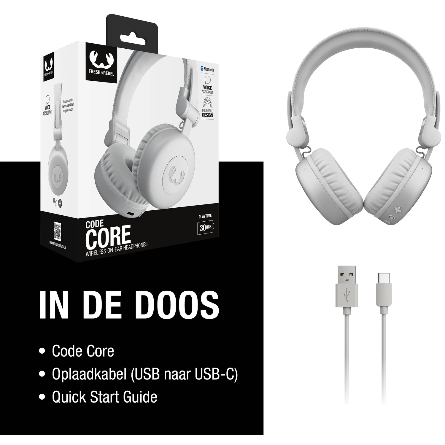 Afbeelding toont witte koptelefoon, doos met dezelfde koptelefoon en een oplaadkabel. Tekst bevat 'Code Core' en 'Fresh Rebel'.