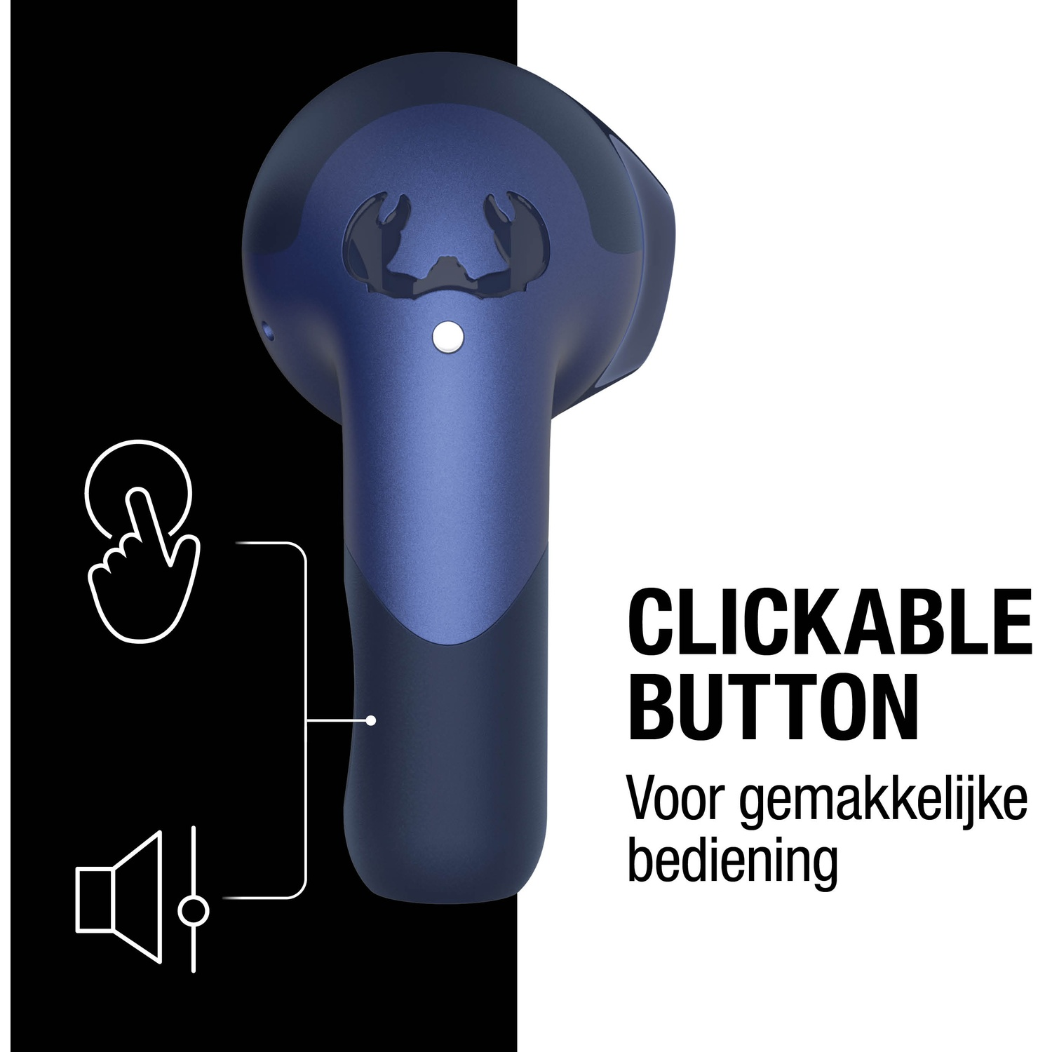 Een blauw apparaat met een klikbare knop, getoond met een vingericoon en een luidsprekericoon. Tekst: Clickbare knop. Voor gemakkelijke bediening.