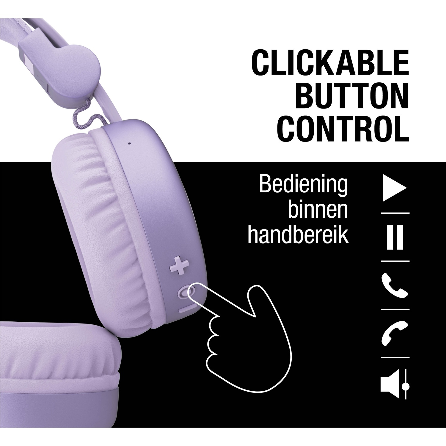Casque lilas avec commande à bouton cliquable. Une icône de main pointe vers un bouton sur l'écouteur, sur fond noir et blanc.