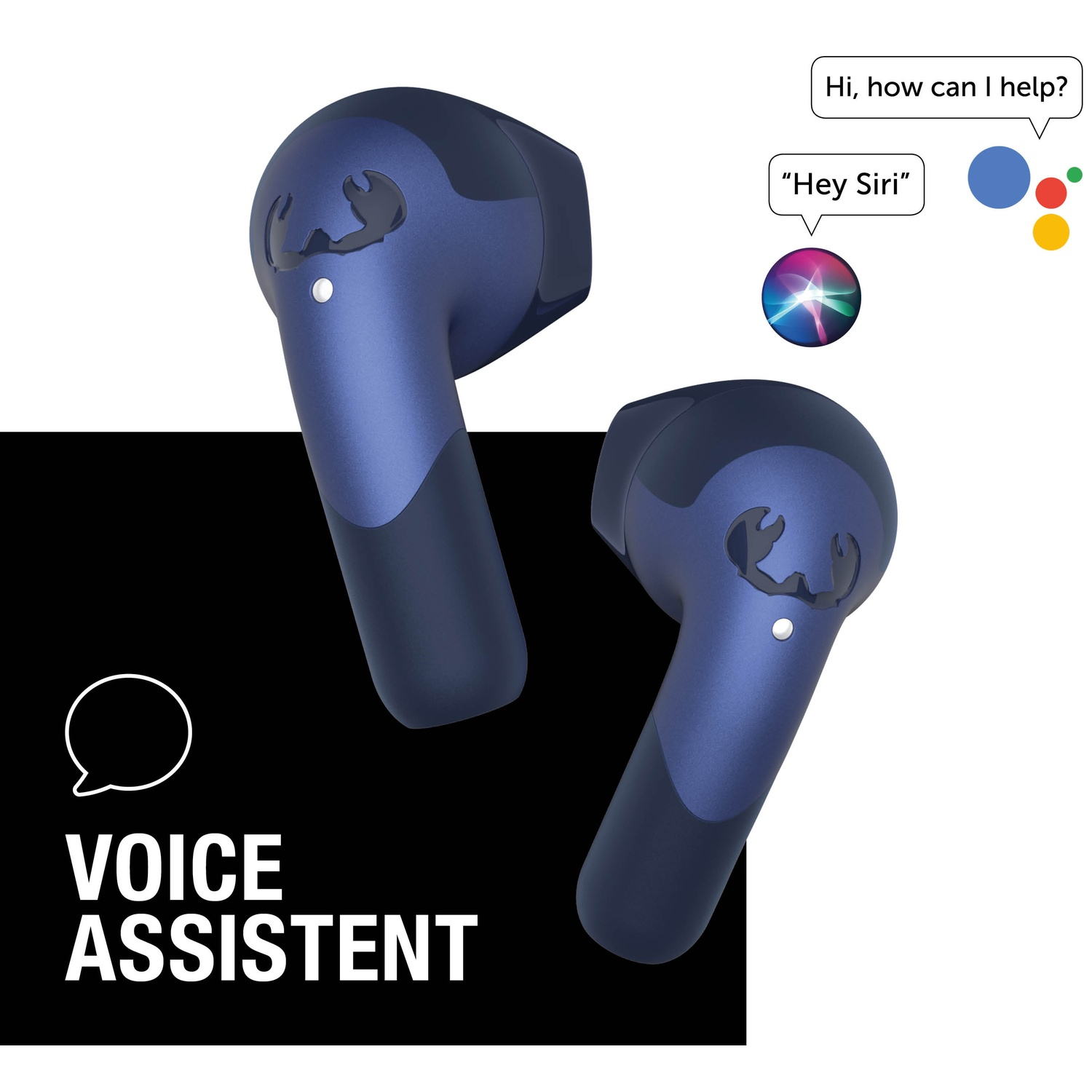 Twee blauwe draadloze oortelefoons met de tekst "VOICE ASSISTENT". Spraakbellen met "Hey Siri" en "Hi, how can I help?".