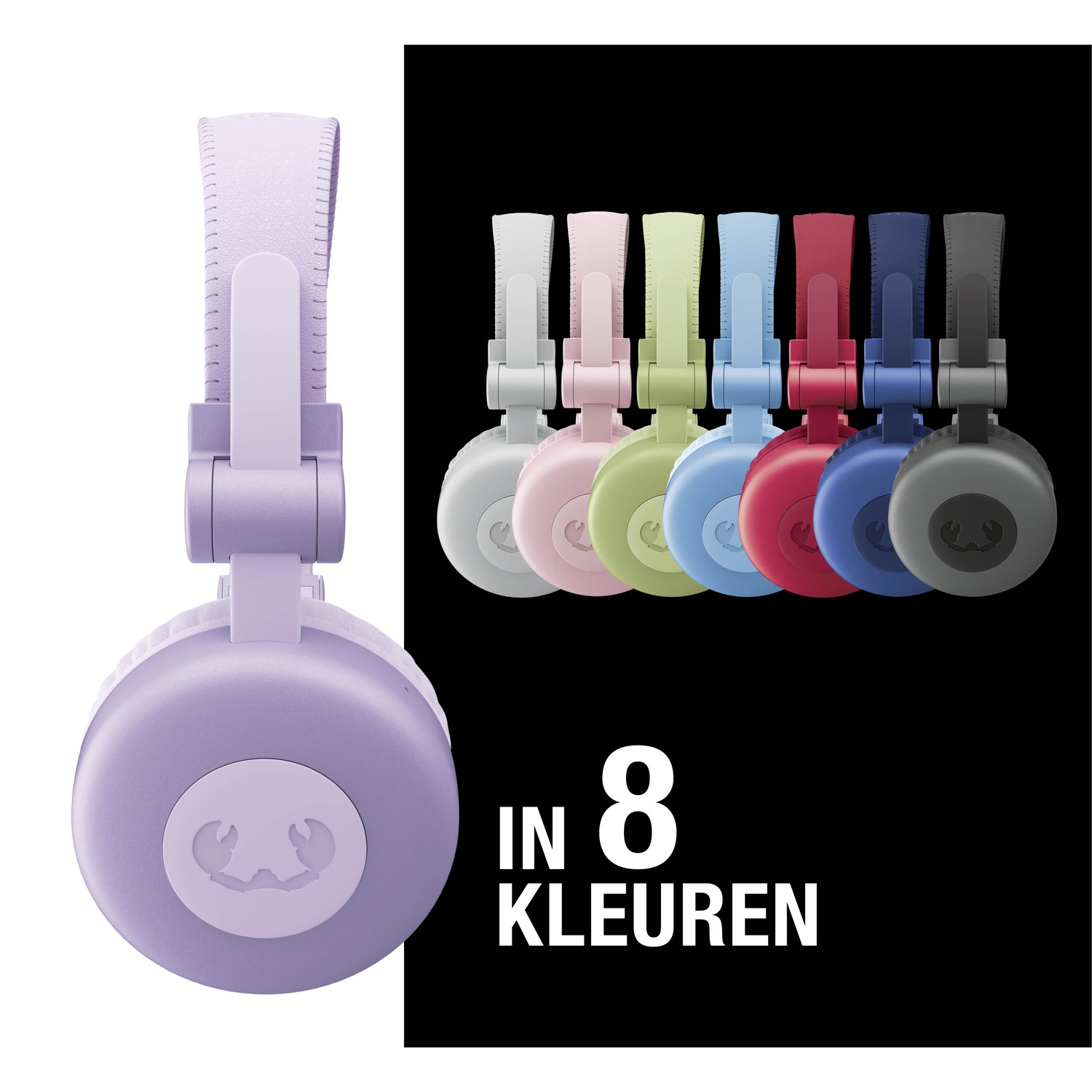Un casque violet à gauche. En arrière-plan, huit casques de couleurs différentes. Le texte dit : IN 8 KLEUREN.