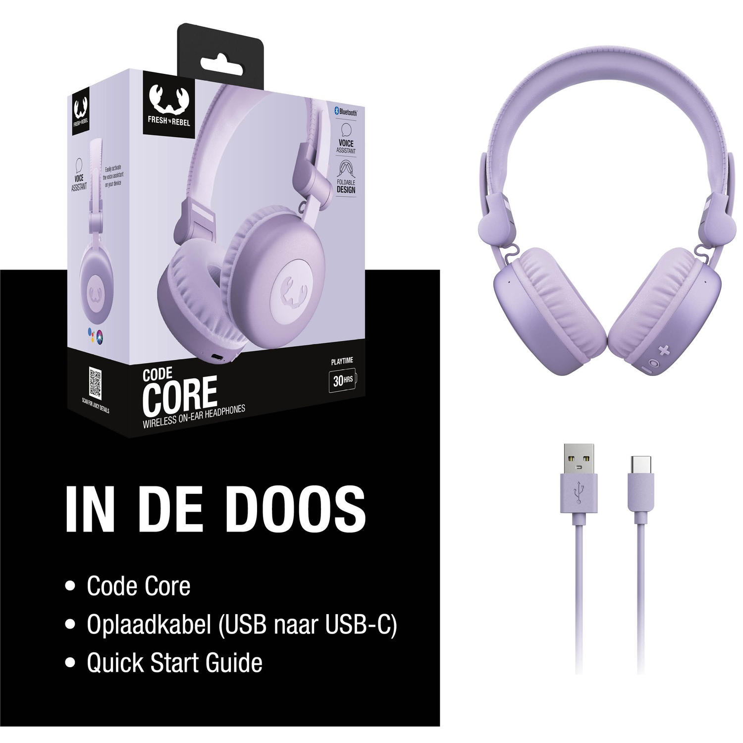 L'image présente un casque violet, une boîte et des câbles de chargement. La boîte indique 'Code Core' et 'Fresh Rebel'. Les accessoires sont listés.