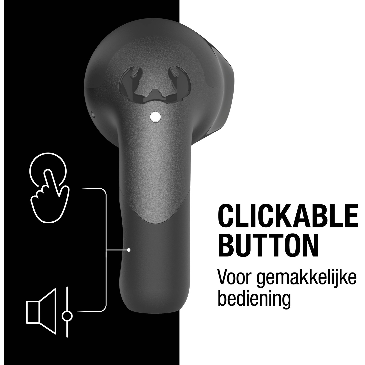 Un écouteur noir avec un bouton cliquable. Texte : Bouton cliquable, Pour une utilisation facile. L'illustration montre le bouton et le volume.