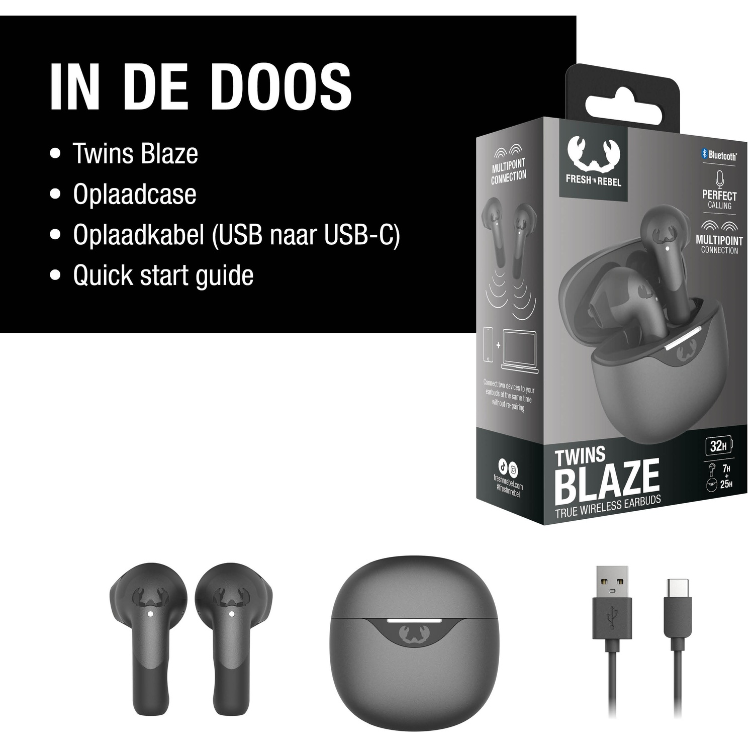 L'image montre les écouteurs Twins Blaze, l'étui de chargement, le câble USB-C et la boîte avec les détails du produit. Noir et gris.