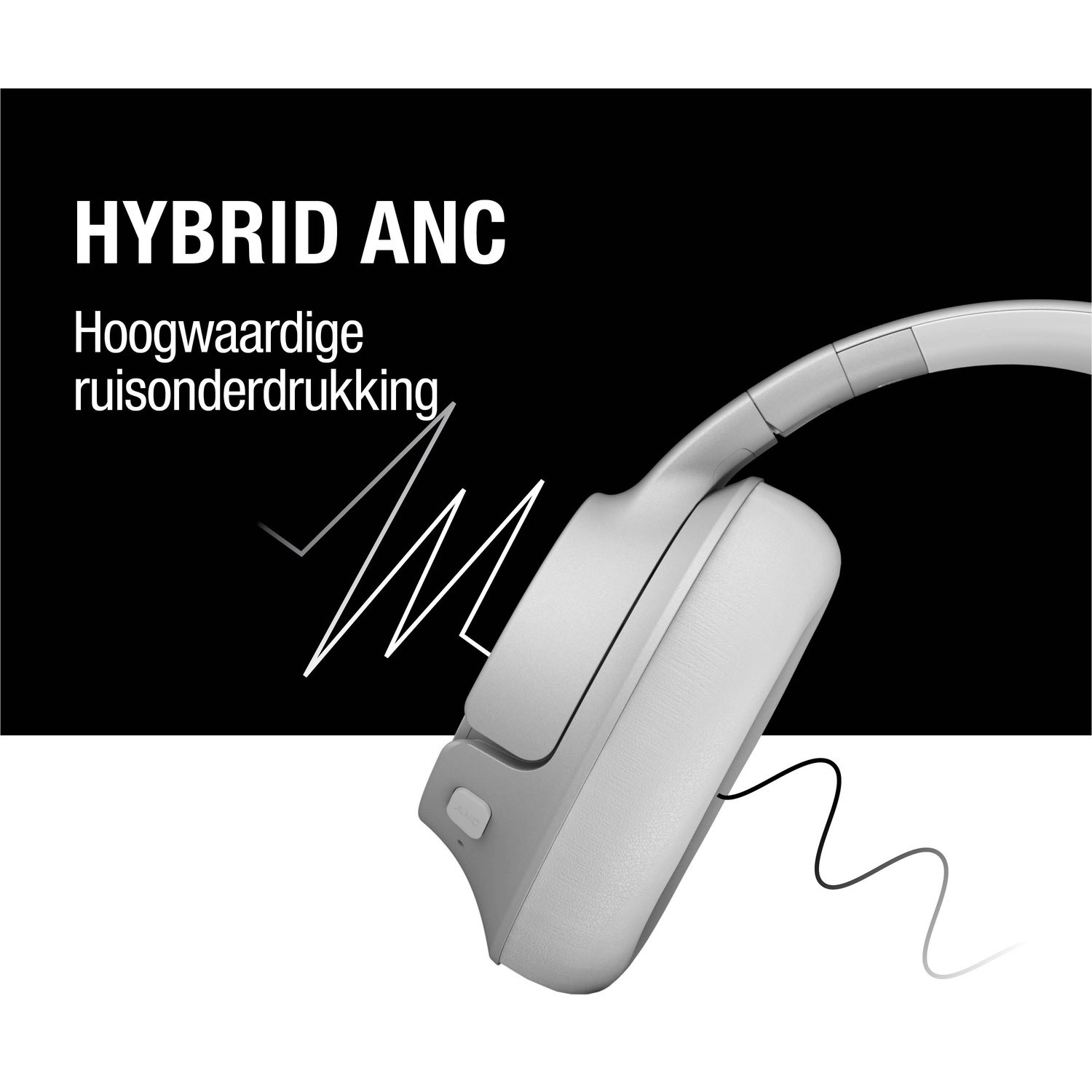 Witte koptelefoon met Hybrid ANC tekst op zwarte achtergrond. Er is ook een witte lijngrafiek en een zwarte kabel aanwezig.