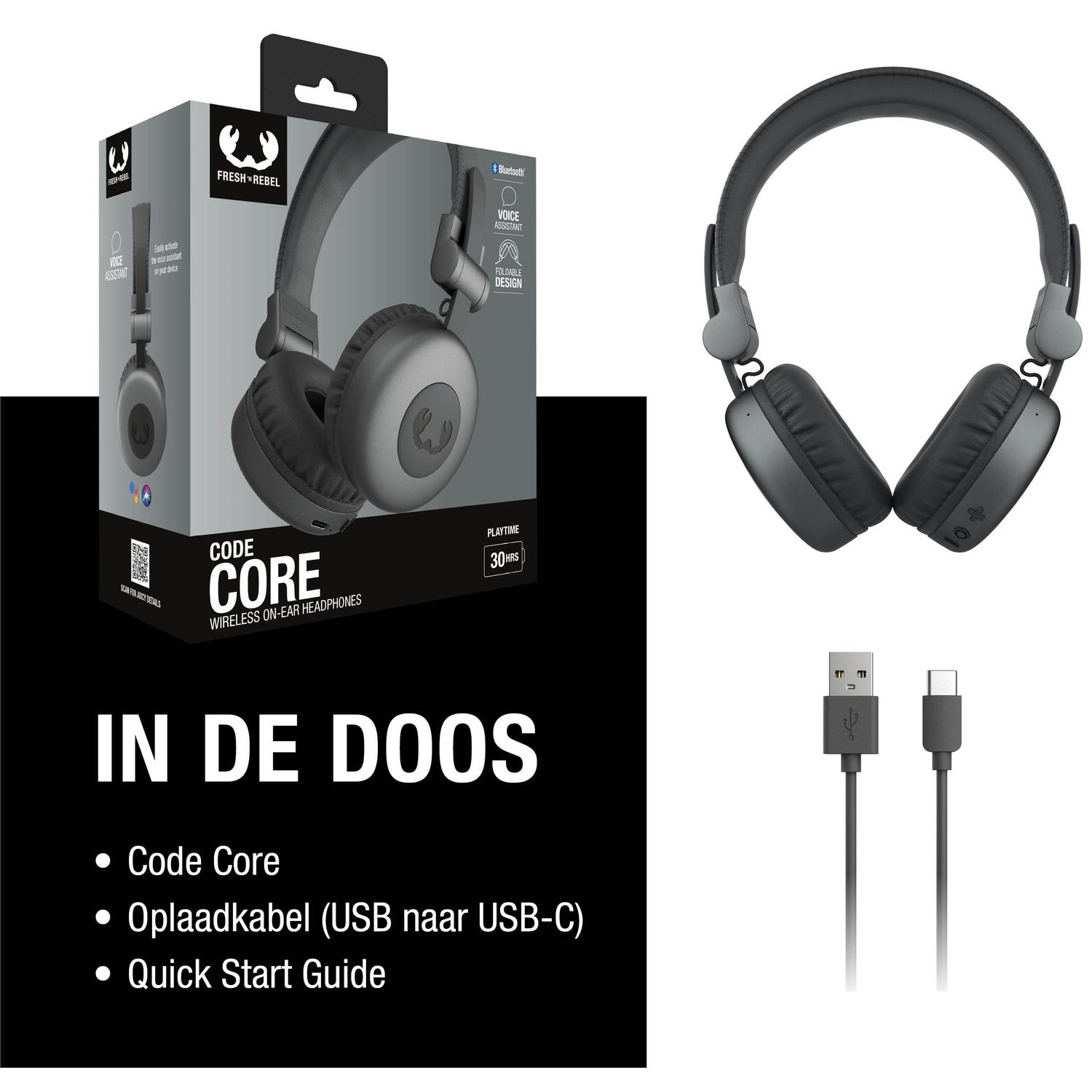 De afbeelding toont een zwarte Fresh Rebel Code Core koptelefoonbox, koptelefoons, een USB-kabel en de inhoud van de doos.