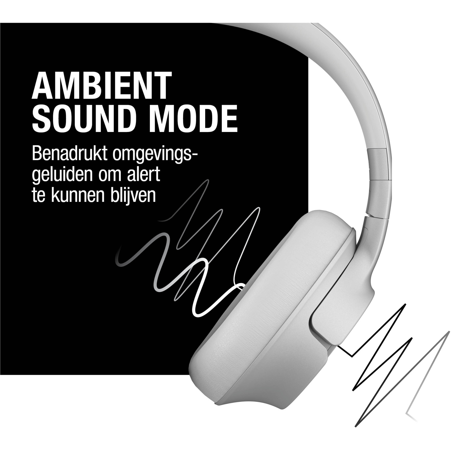 Witte koptelefoon met Ambient Sound Mode tekst op zwarte achtergrond. Geluidsgolven worden weergegeven met witte lijnen.