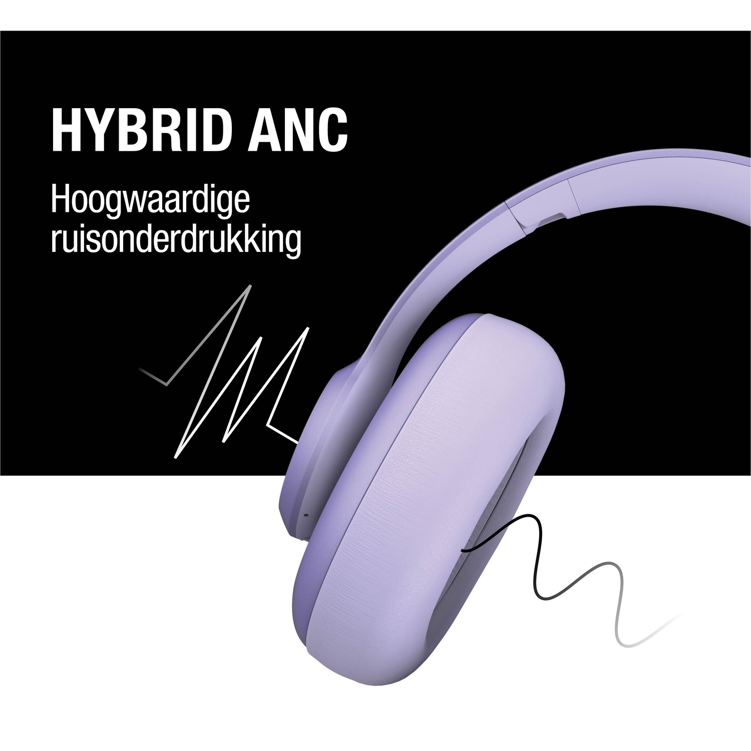 Un casque lavande sur fond blanc et noir, avec les mots 'HYBRID ANC' et 'Hoogwaardige ruisonderdrukking'.