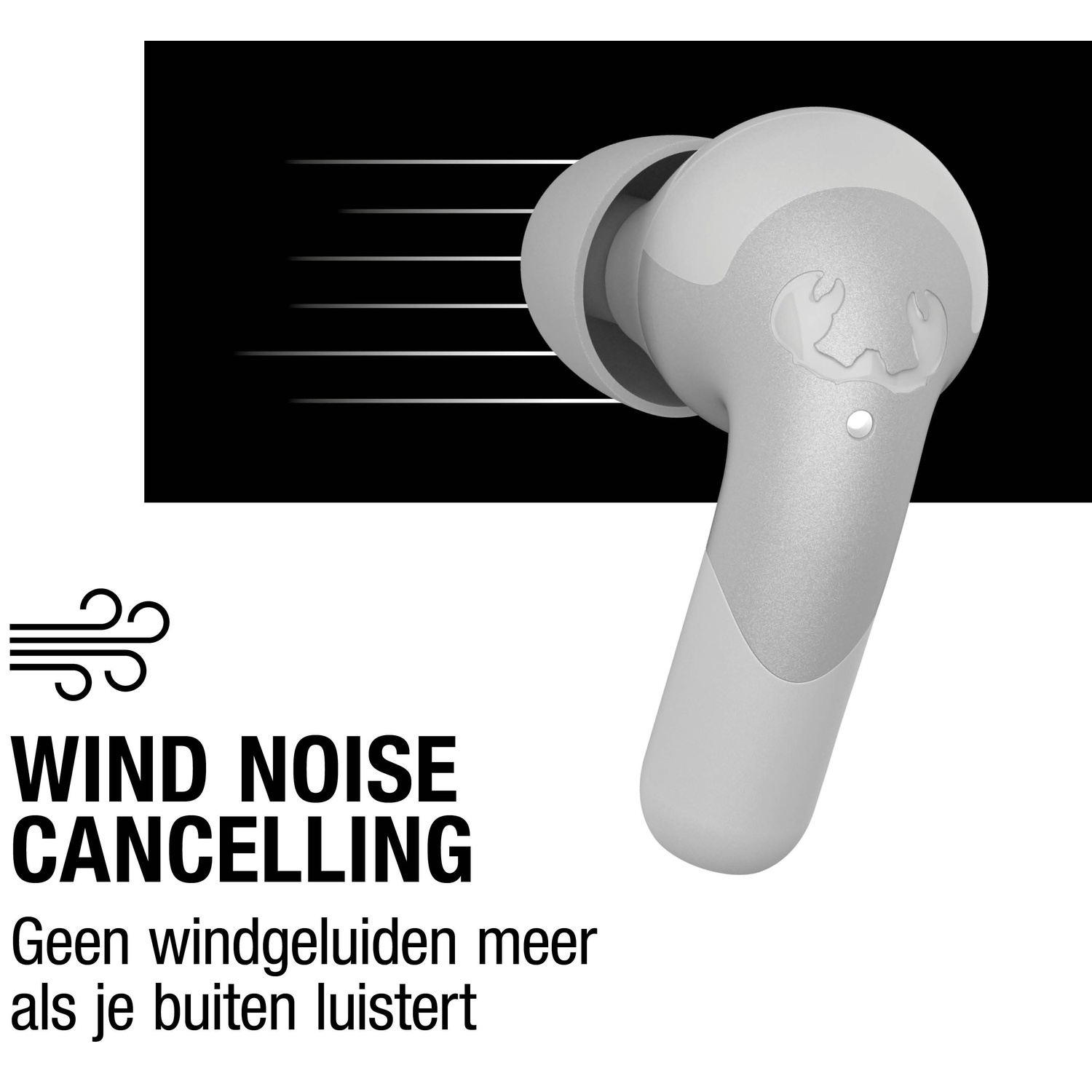 A white earbud with a logo, text 'WIND NOISE CANCELLING' and Dutch text below. Background is black with white lines.