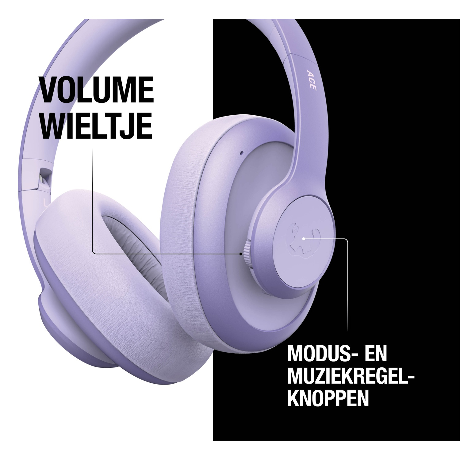 Gros plan sur un casque lavande avec des étiquettes pour le volume et les commandes musicales. L'arrière-plan est divisé en noir et blanc.