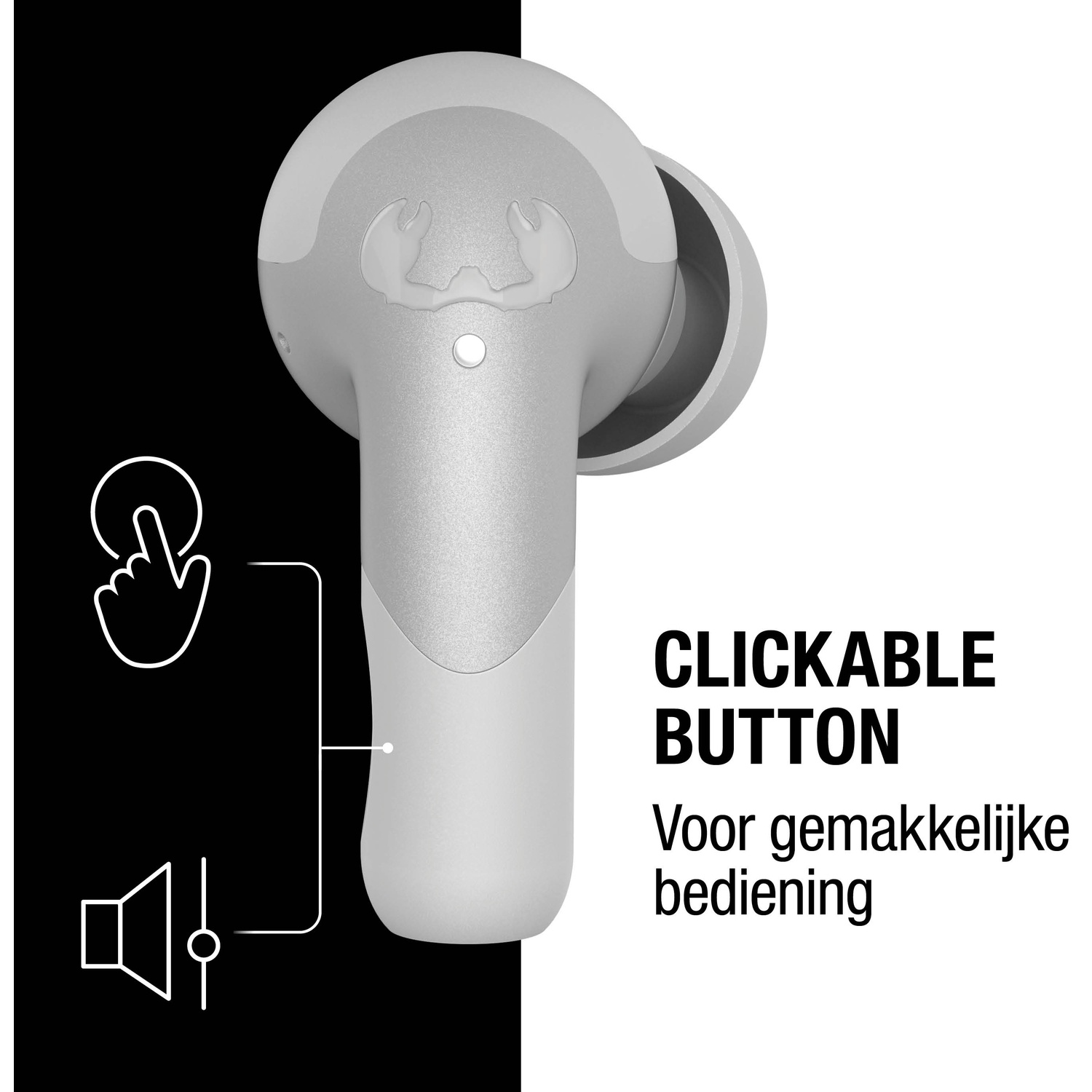 A gray earbud with a clickable button, with Dutch text indicating easy operation. A hand and speaker icon are also visible on a black and white background.