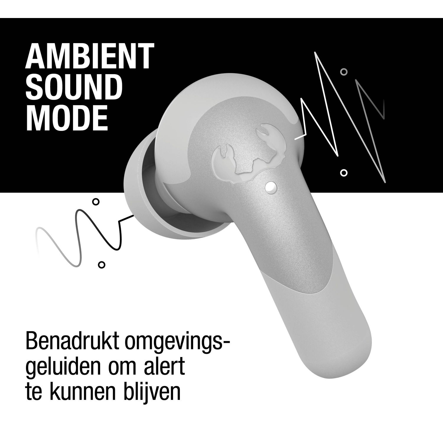 A light gray earbud with Ambient Sound Mode text. It has sound wave graphics and text that states: Benadrukt omgevingsgeluiden om alert te kunnen blijven.