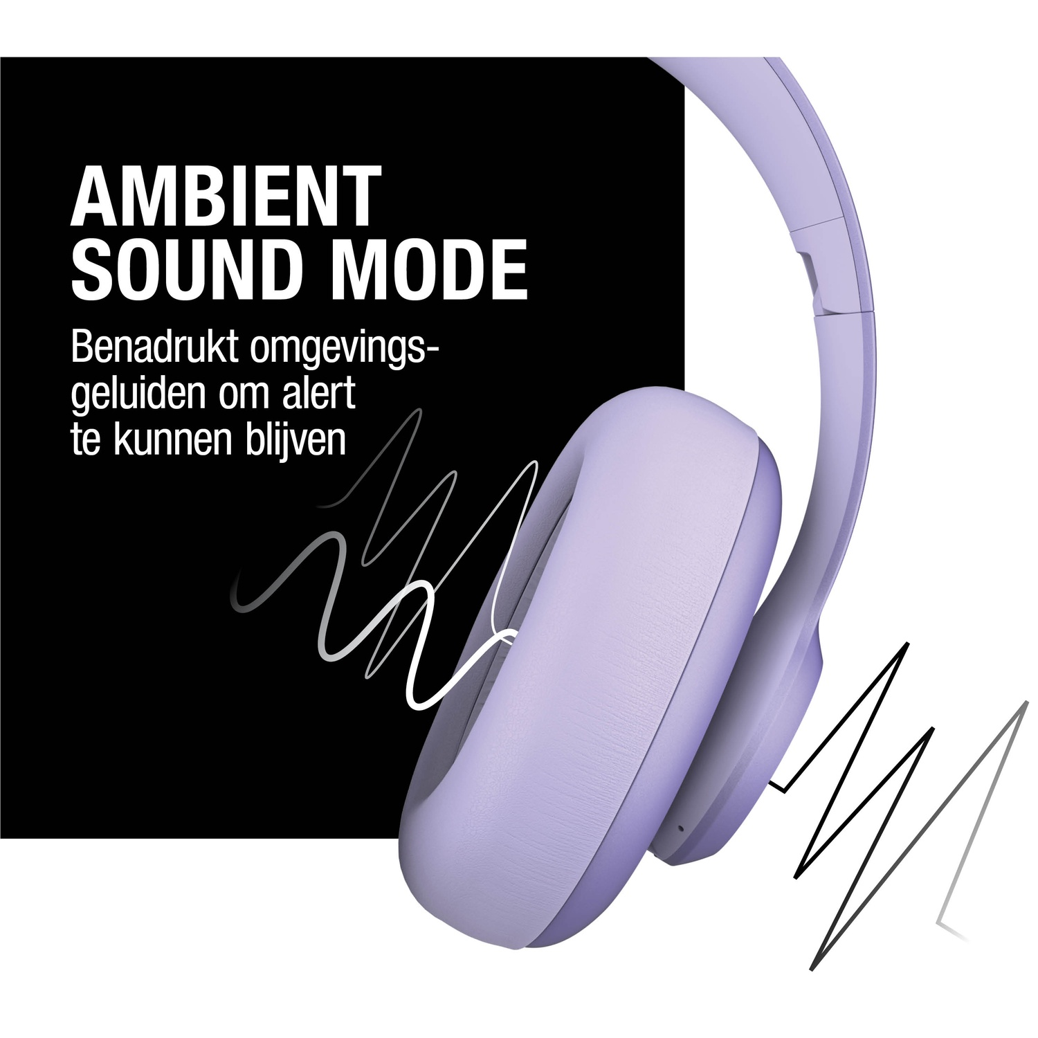 Un casque lavande avec le texte 'AMBIENT SOUND MODE' sur fond noir. Des lignes ondulées blanches représentent des ondes sonores.
