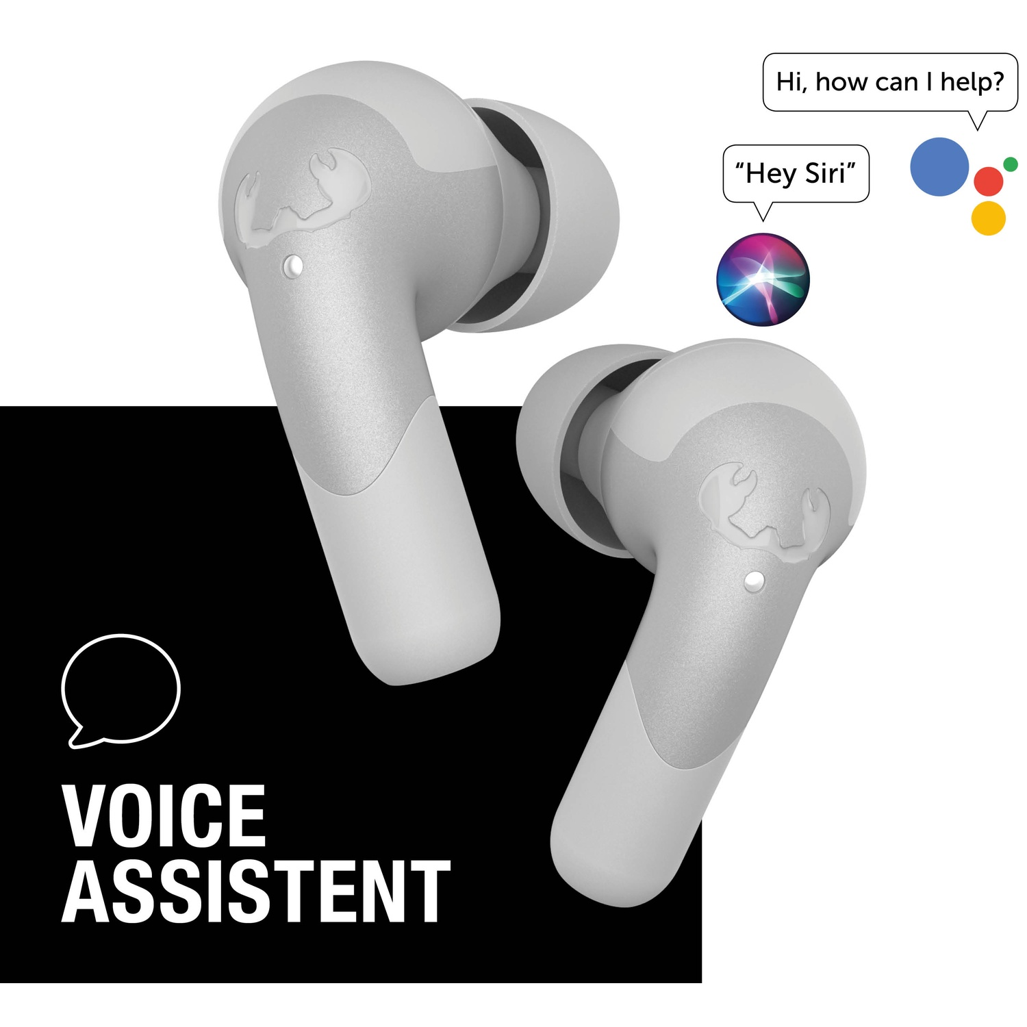 Two gray wireless earbuds with voice assistant features are shown. Phrases like 'Hey Siri' and 'Hi, how can I help?' are visible.