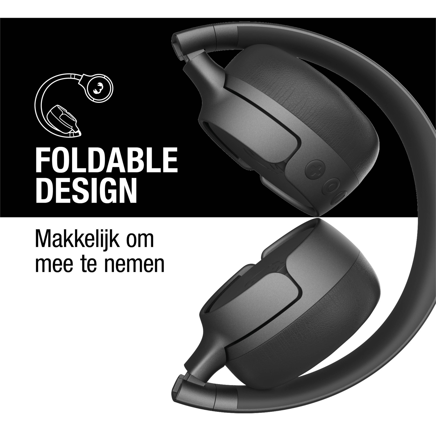 Zwarte opvouwbare koptelefoon op zwart-witte achtergrond. Tekst: 'Foldable Design' en 'Makkelijk om mee te nemen'.
