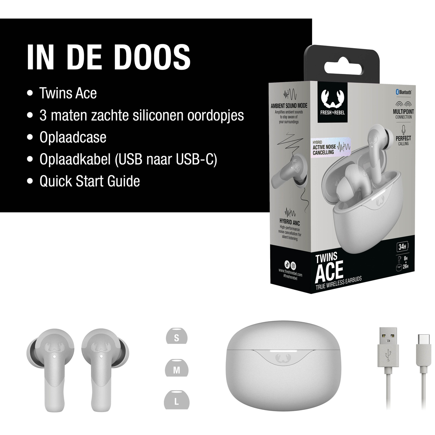 The image shows a product box of Twins Ace earbuds, with the product and accessories laid out.