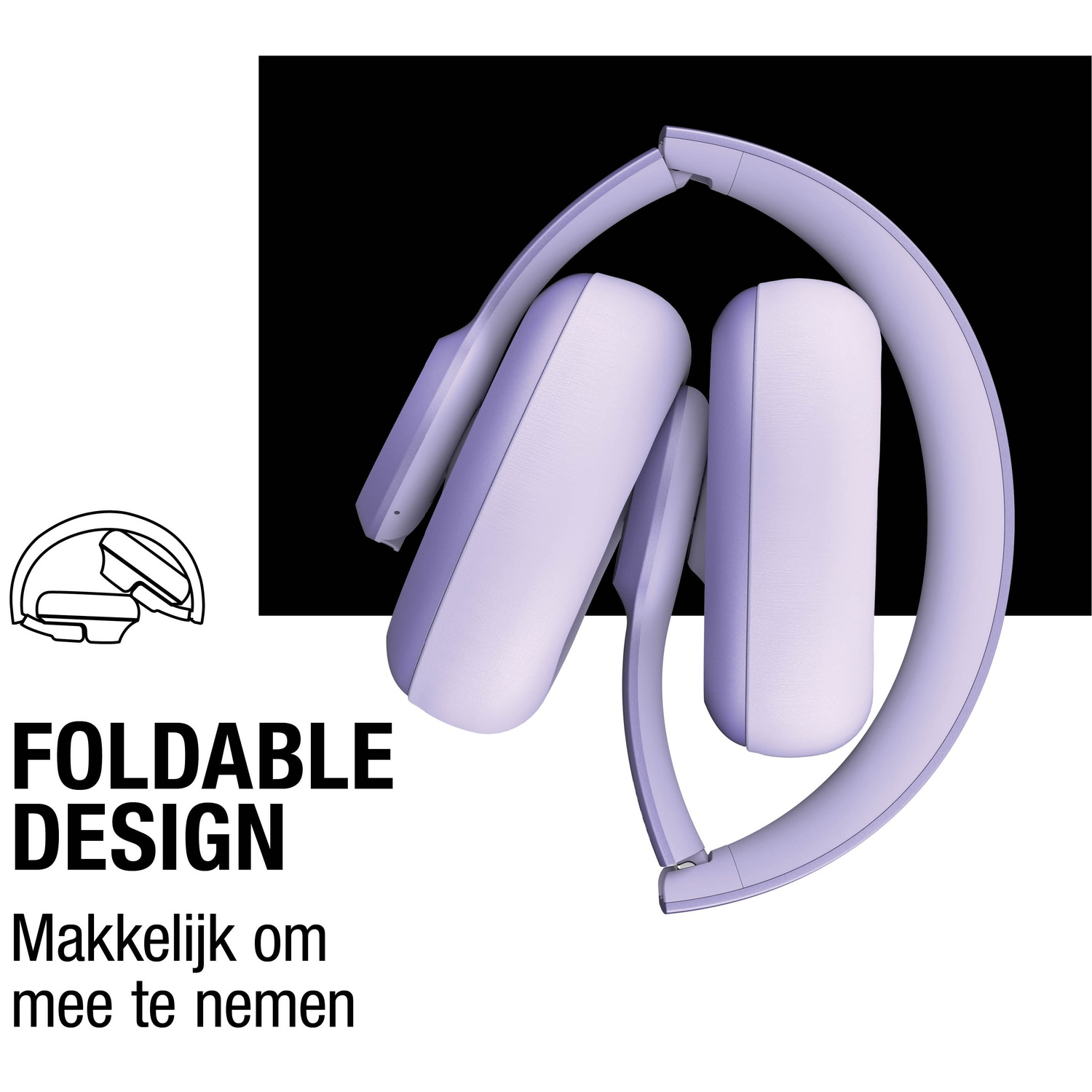 Casque pliable violet clair sur fond noir. Texte : 'Foldable Design' et 'Makkelijk om mee te nemen'.