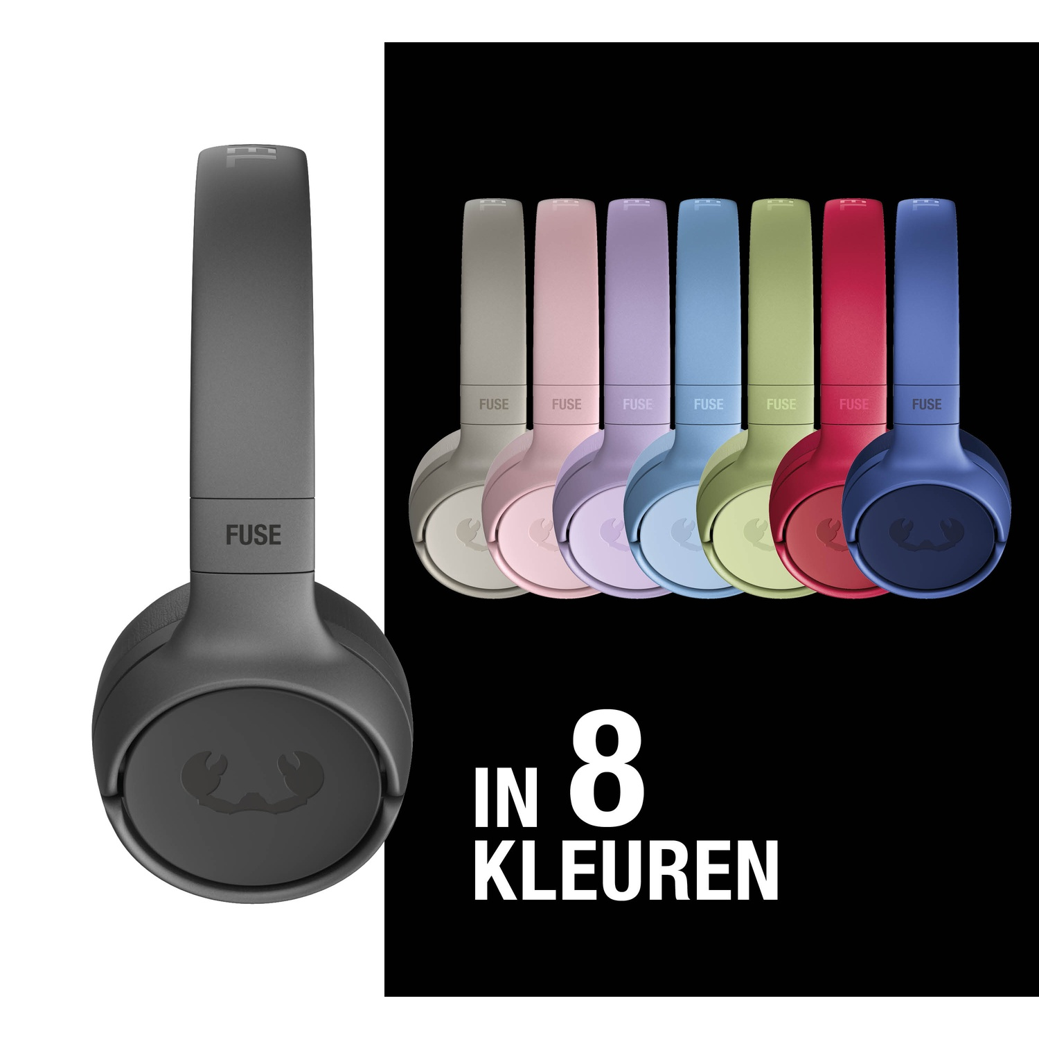 Hoofdtelefoons in diverse kleuren: grijs, roze, paars, blauw, groen, rood en marineblauw. Tekst luidt 'in 8 kleuren'.
