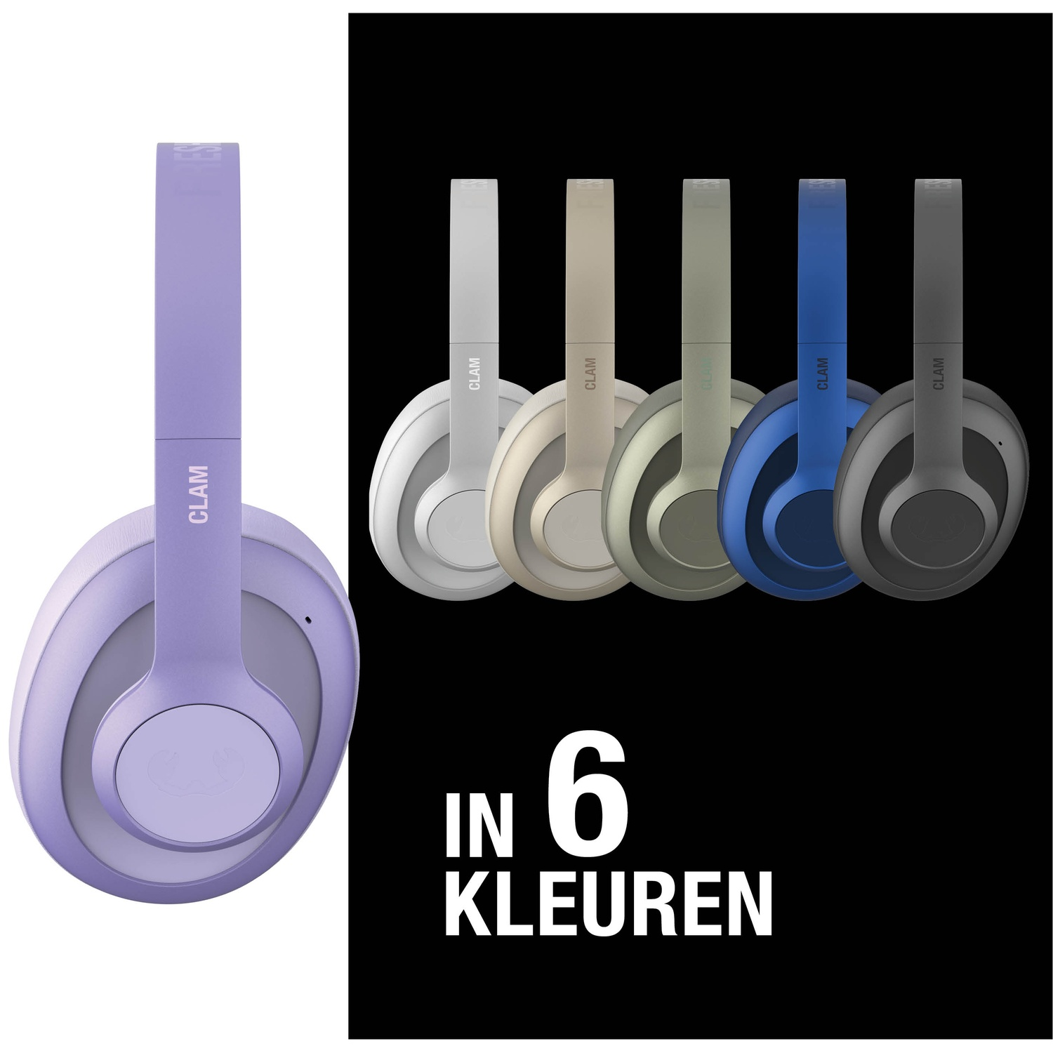 L'image montre six casques audio de différentes couleurs : violet, argent, beige, olive, bleu et gris. Le texte dit 'in 6 kleuren'.