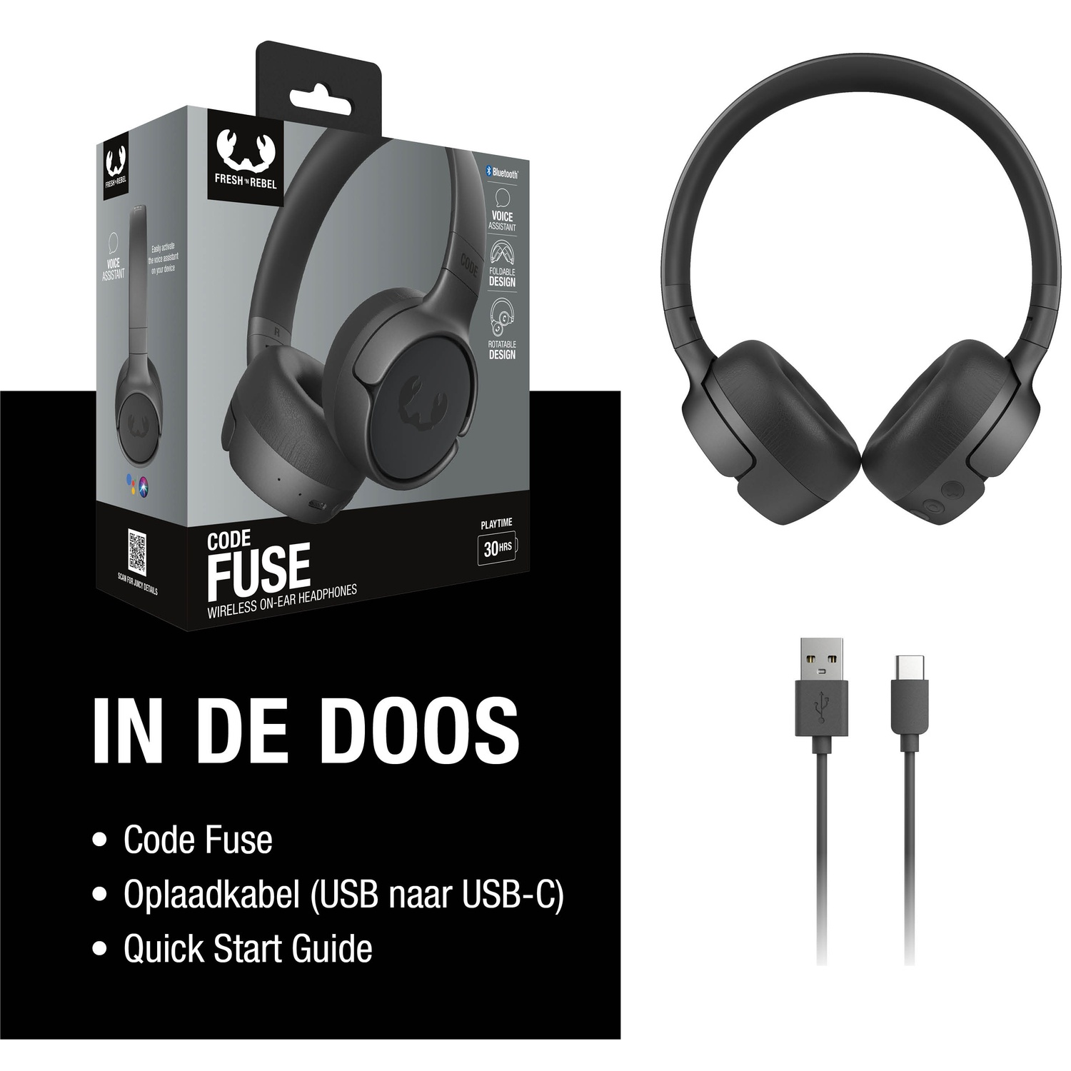 Afbeelding toont zwarte koptelefoon, doos, USB-kabels en de tekst "IN DE DOOS", plus productdetails. De koptelefoon is on-ear.