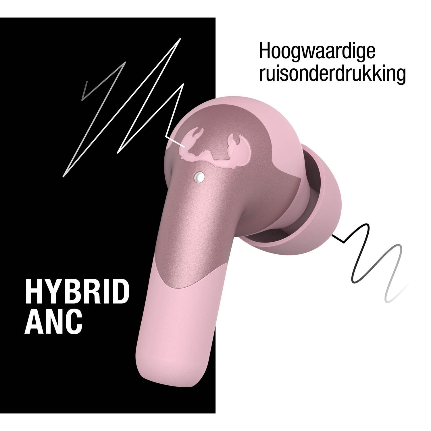 Roze draadloze oortelefoon met tekst 'HYBRID ANC' op zwart en 'Hoogwaardige ruisonderdrukking' op witte achtergrond.